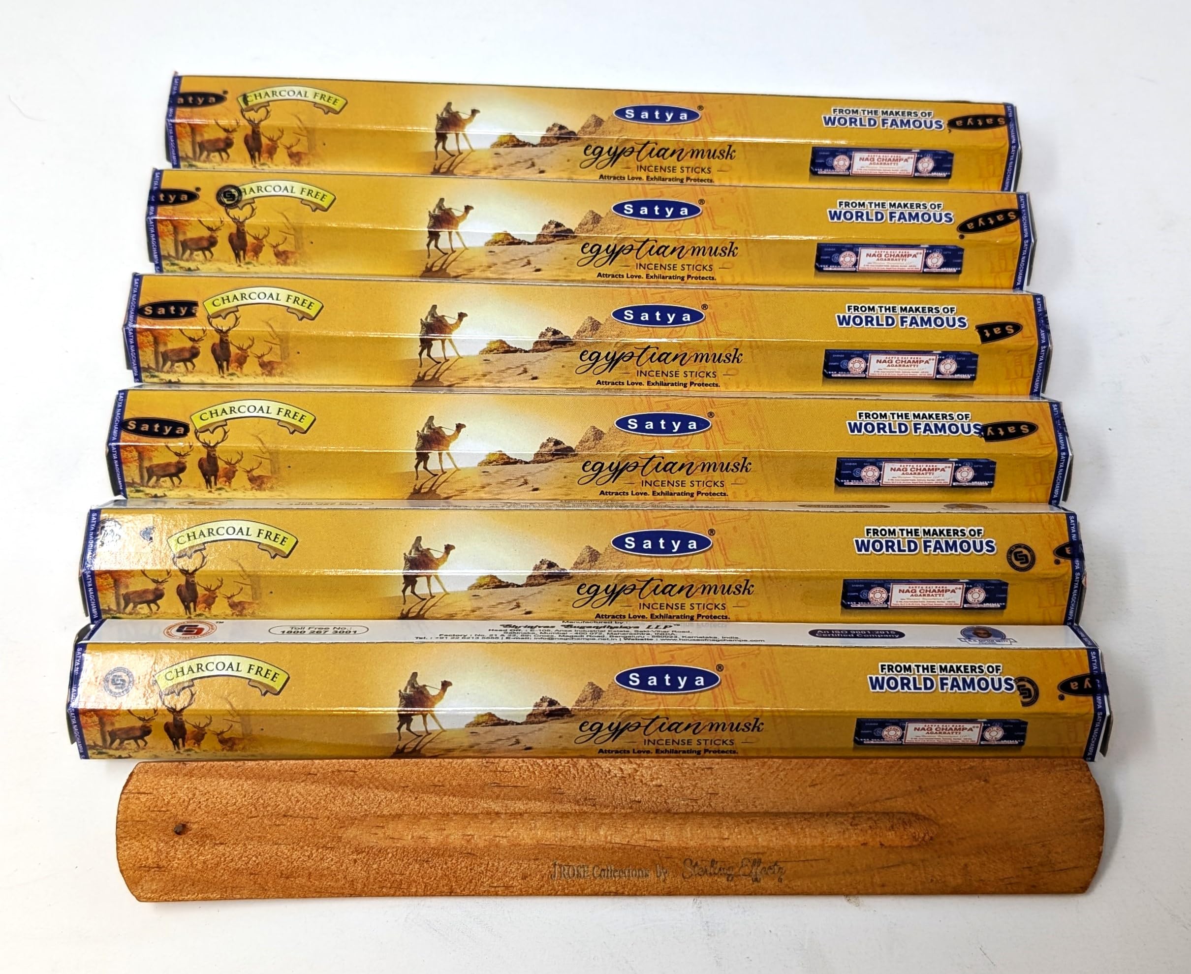 Satya Egyptian Musk Incense Sticks – 6 x 20 Stick Packs (120 Total) – Charcoal-Free – Calming & Exotic Aroma – Includes JRose Wooden Burner – Natural Masala Incense Gift Set