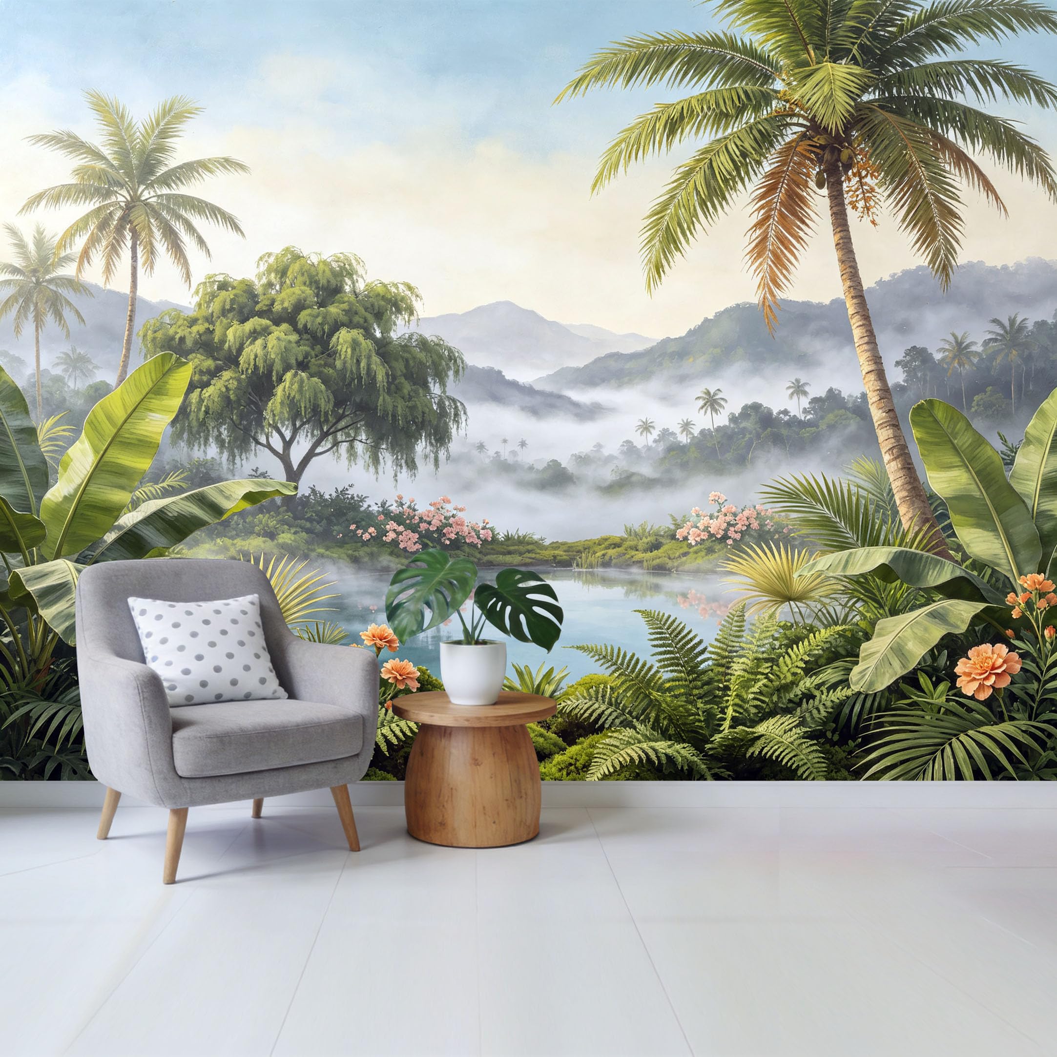 Custom Size Wall Mural， Tropical Jungle Palm Tree Misty Mountain Lake Landscape Removable Self Adhesive Fabric，Home Wall Decor for Living Room Bedroom Bathroom