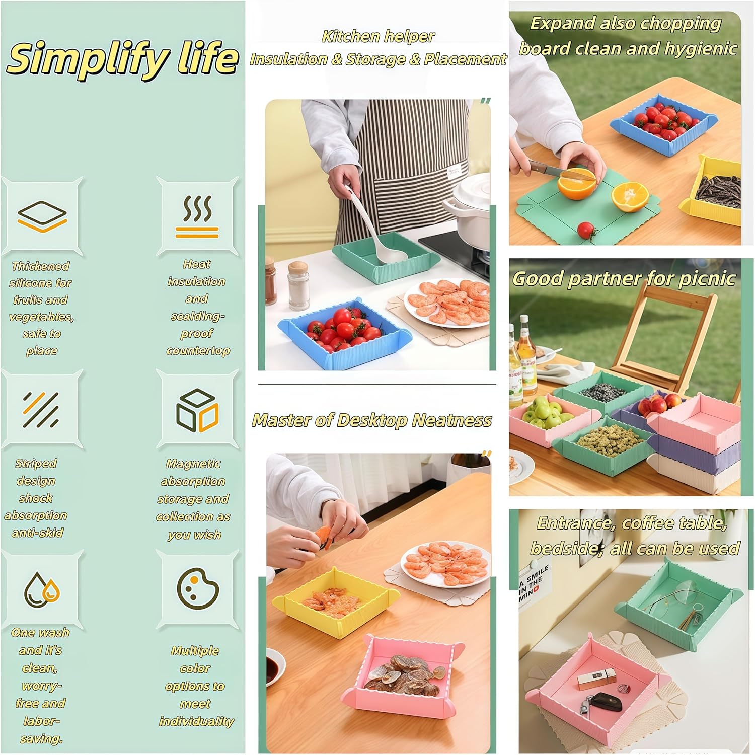 Silicone Trivet Mats, Foldable Storage Trivet Magnetic, trivets for hot Dishes, Non-Slip Table Coaster, hot Pads for Kitchen（5Pcs ）