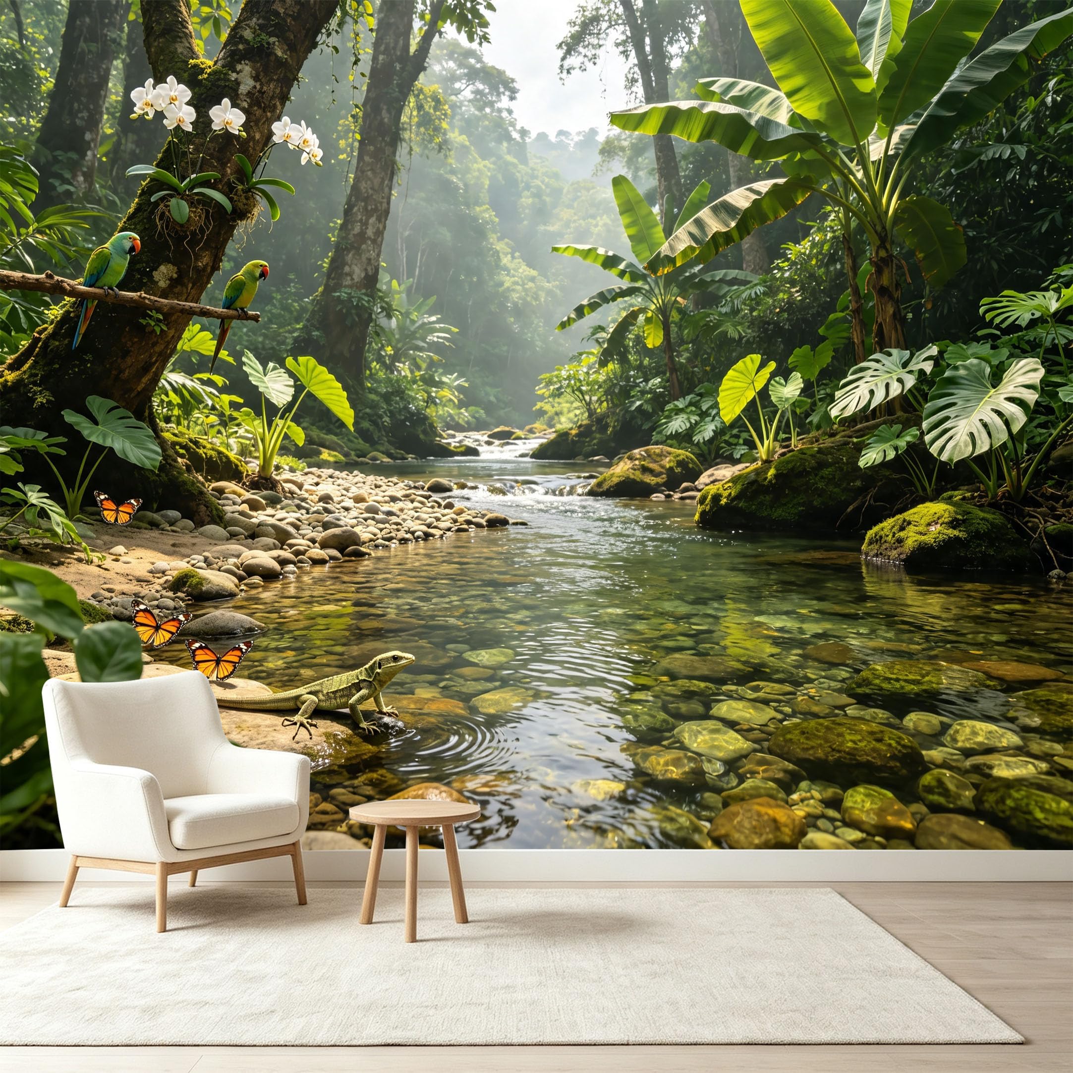 Custom Size Wall Murals Tropical Jungle Landscape Rainforest River Wildlife Exotic Birds Self-Adhesive Wall Fabric Removable Wallpaper Wall Decor for Living Room Bedroom Bathroom