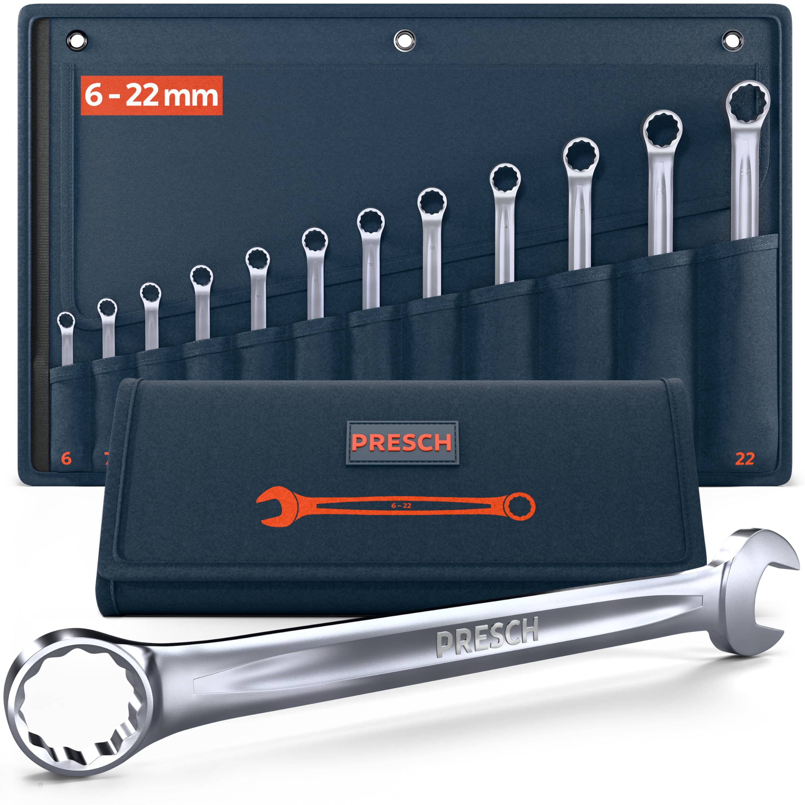 PRESCH Combination Spanner Set 12 pc. incl. Bag (6–22mm) – Precision-machined & Ultra-Durable Spanners – 15° Angled for Working in confined Spaces - Professional Wrench Set