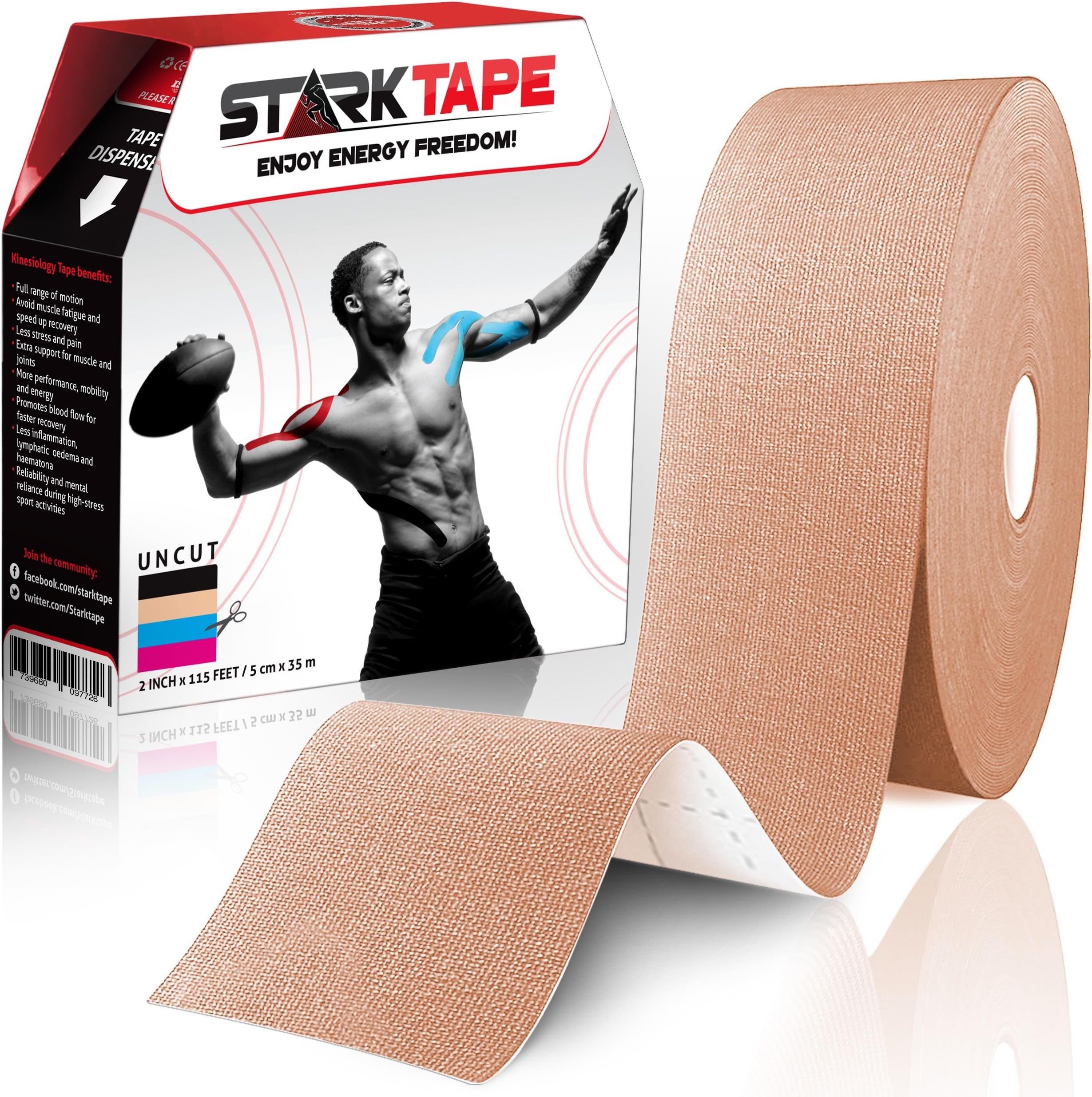 Starktape Original Kinesiology Athletic Tape. Professional Sports Tape for Ankle Wrist Knee Shoulder Muscles Joints. Latex Free, Waterproof, Stretchy, and Gentle on Skin. Up to 115 ft/Roll