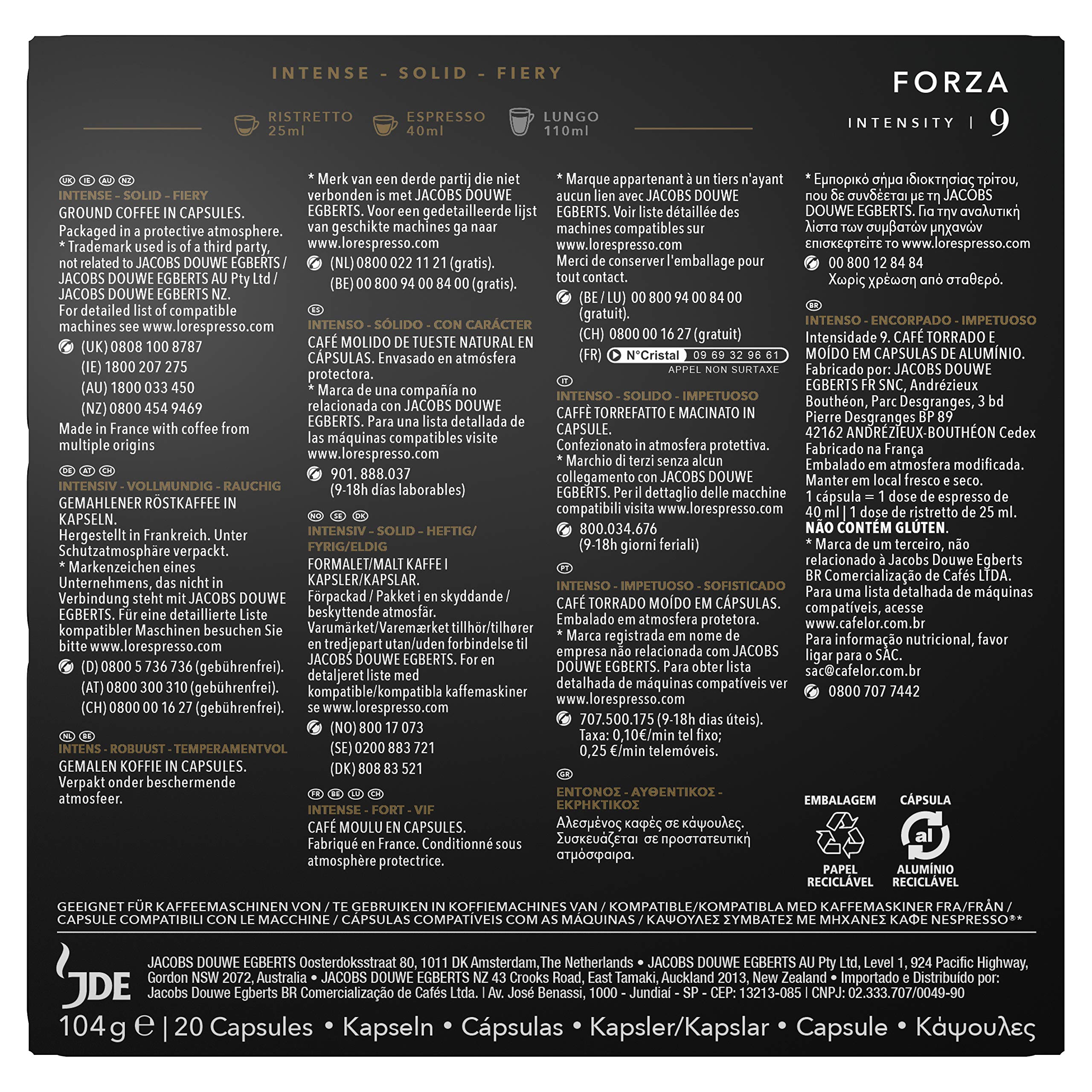 L'Or Espresso Kawa - 200 kapsułek Forza Intensywność 9 | Kompatybilne z Nespresso®*, zestaw 10 x 20 kapsułek aluminiowych