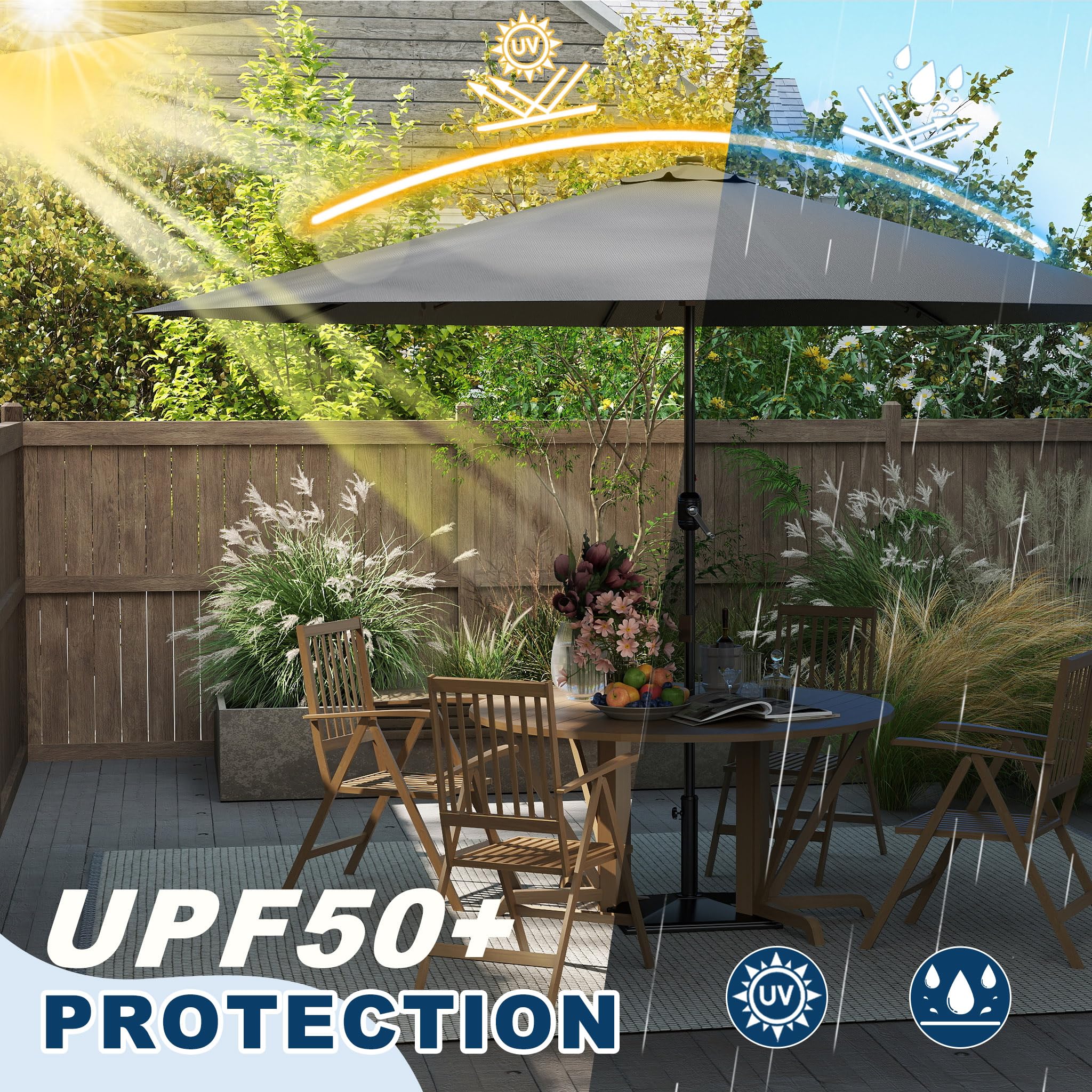 UISEBRT Sombrilla de aluminio con manivela, protección UV 40+, gris oscuro