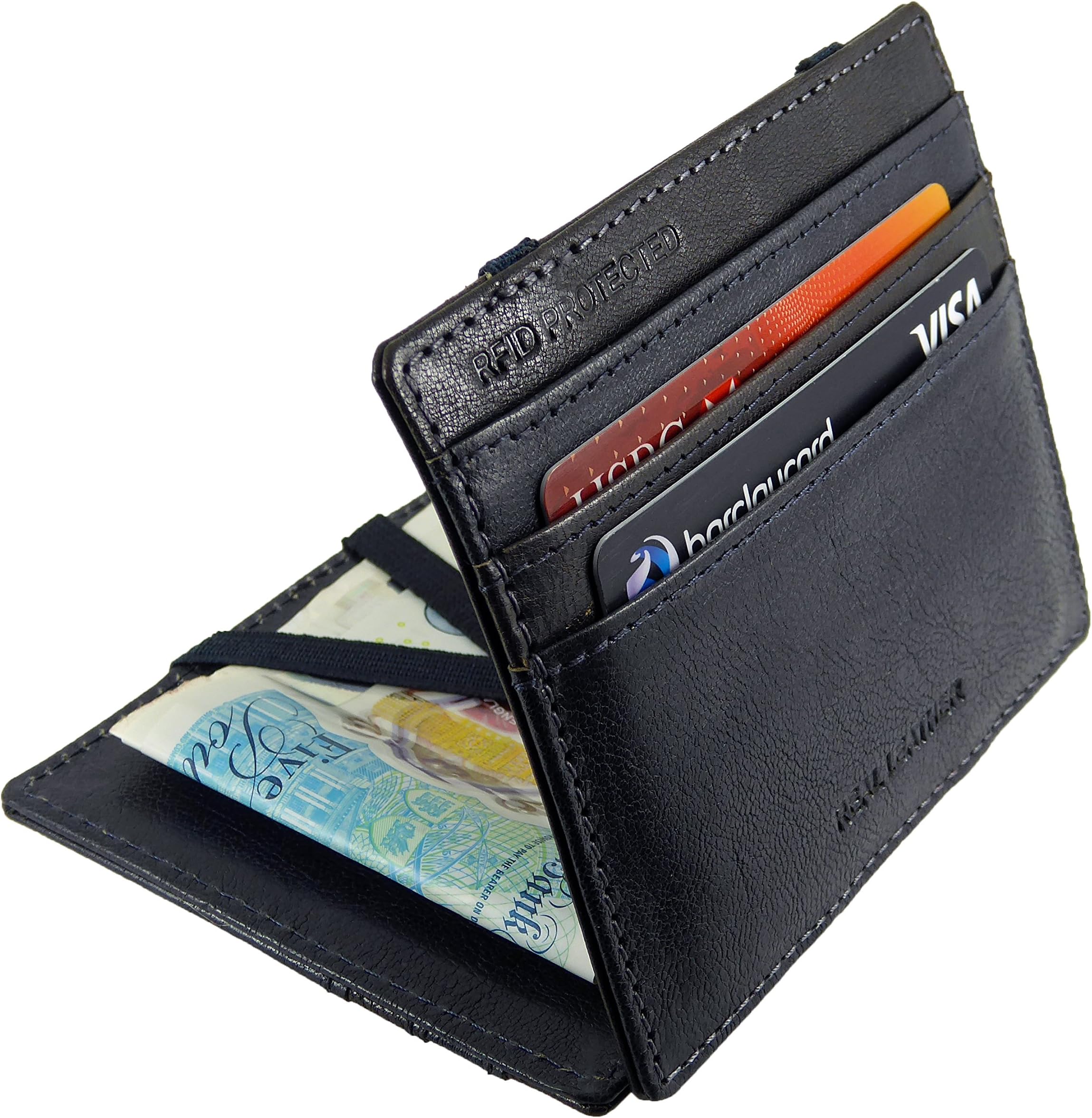 Quality Contrasting Leather Magic Flip Puzzle Wallet & RFID Blocking Credit Card Holder (Navy/Grey)
