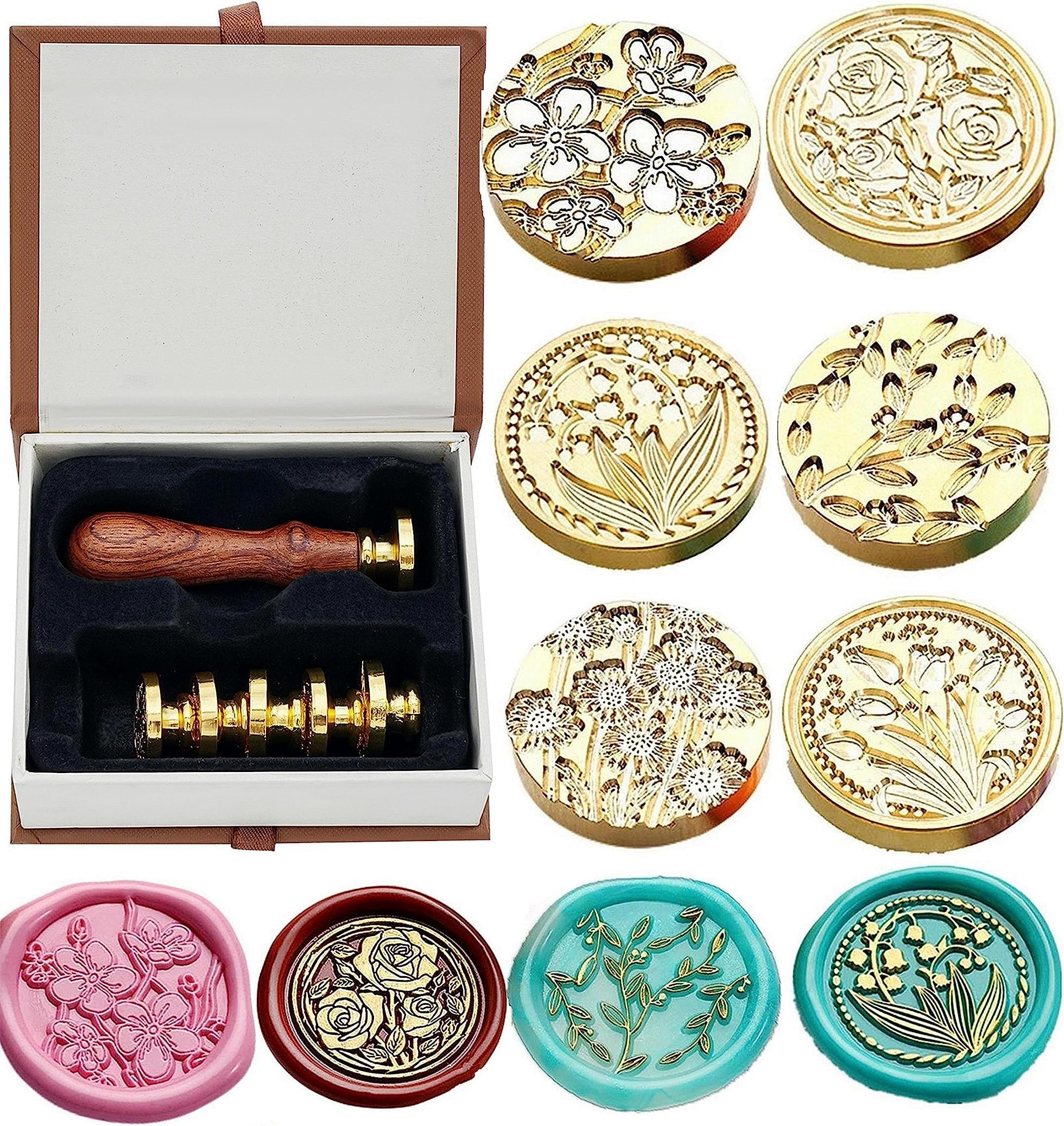 JUPPE 6pcs Flower Wax Seal Set, Cherry Blossom Rose Bell Orchid Branches Tulip Various Flowers Sealing Wax Stamps for Wedding Invitation Birthday Party