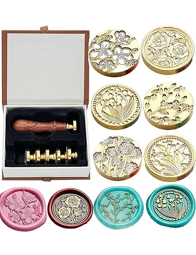 JUPPE 6pcs Flower Wax Seal Set, Cherry Blossom Rose Bell Orchid Branches Tulip Various Flowers Sealing Wax Stamps for Wedding Invitation Birthday Party
