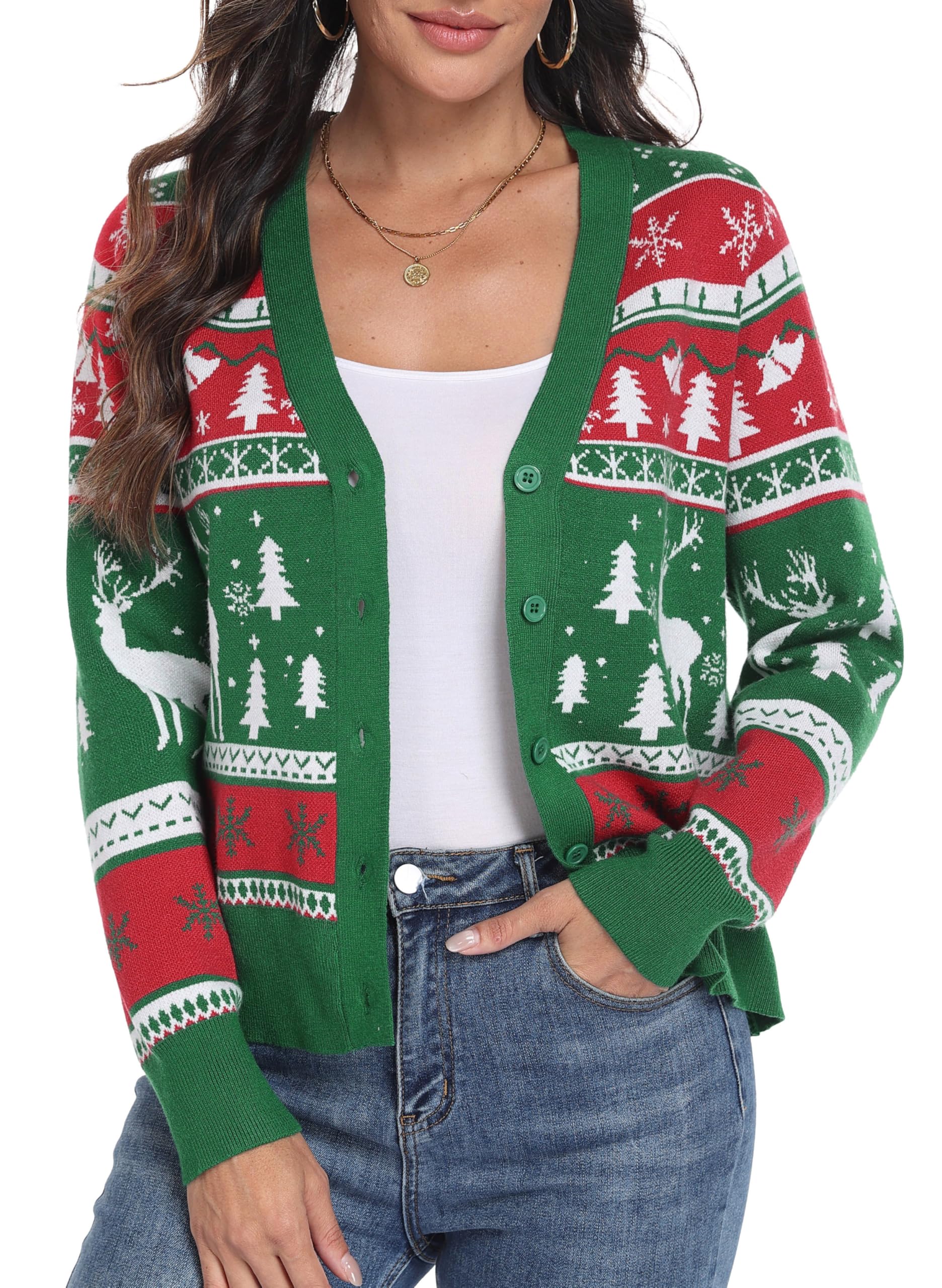 PrinStory Womens Ugly Christmas Cardigan Sweaters Long Sleeve Button Down Open Front Casual Warm Funny Knit Sweater S-2XL
