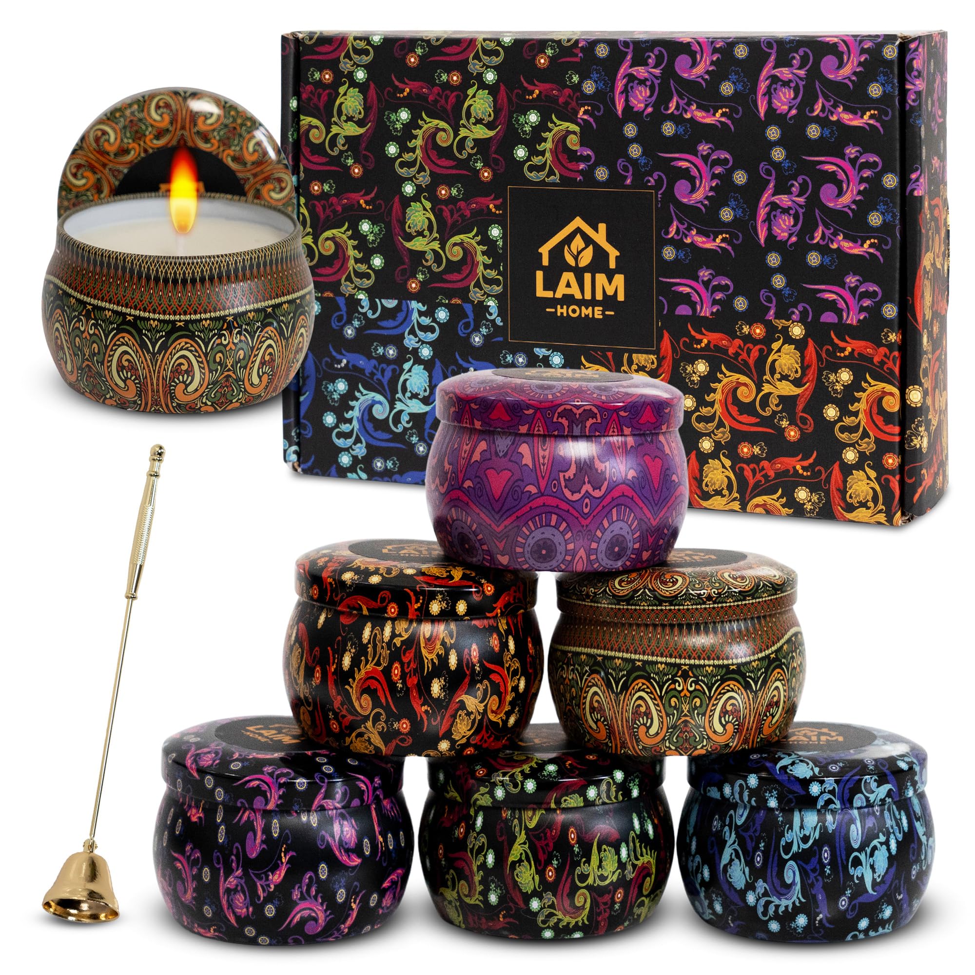 LAIM HOME:Juego 6 PCS Velas Aromáticas Cera de Soja Natural 4,4oz-180Horas Velas Perfumadas Ideal para Aromaterapia, Regalo Mujer- CREA un Ambiente Relajante, Incluye Apagavelas.