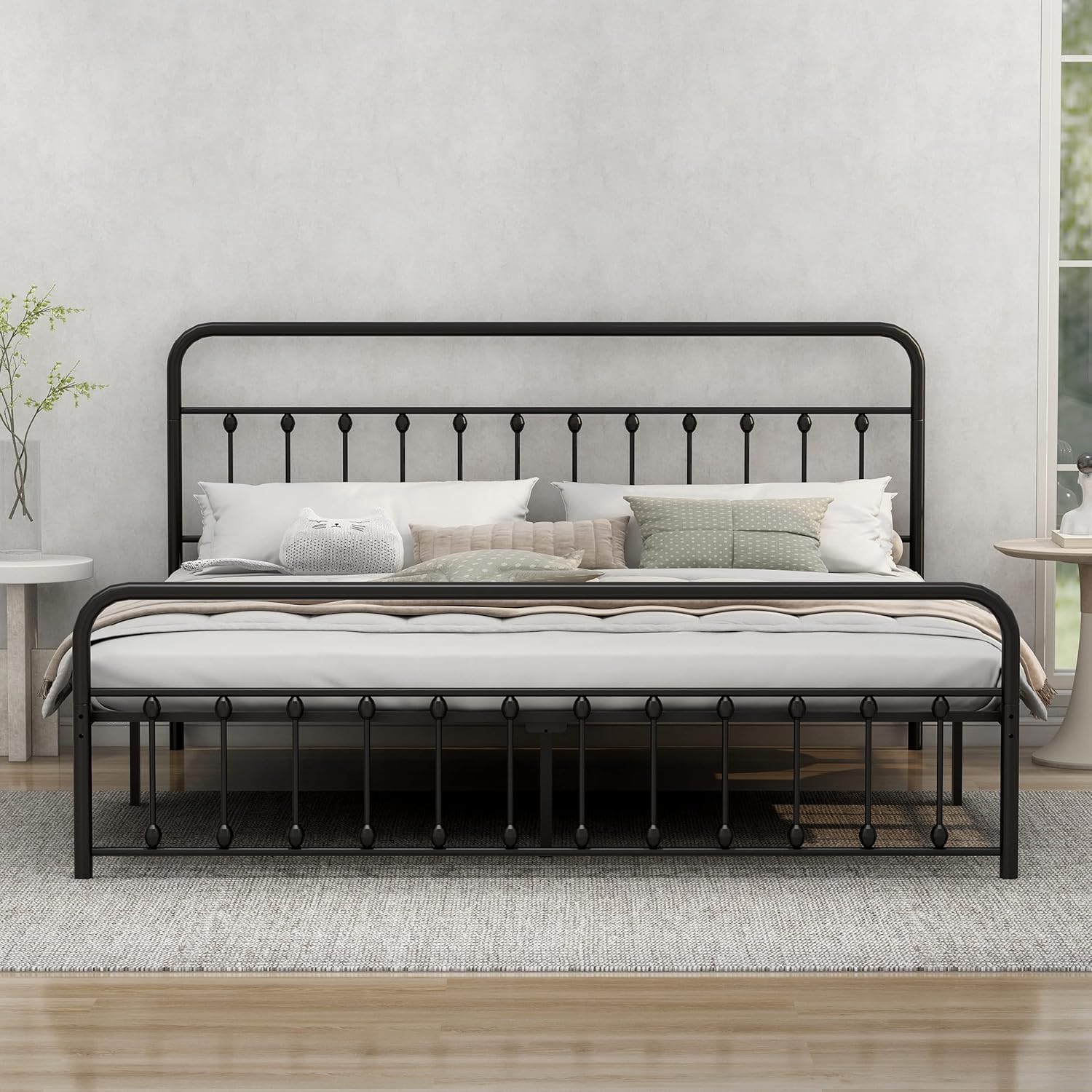 King Size Metal Bed Frame with Vintage Headboard and Footboard Extra Strong Support Non-Slip No Noise and No Box Spring Needed Black