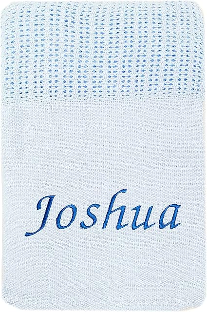 Kids Essentials Baby Girl Boy Personalised Cellular Blanket Embroidered Name Grey Pink Blue (Blue - Cell Blanket)
