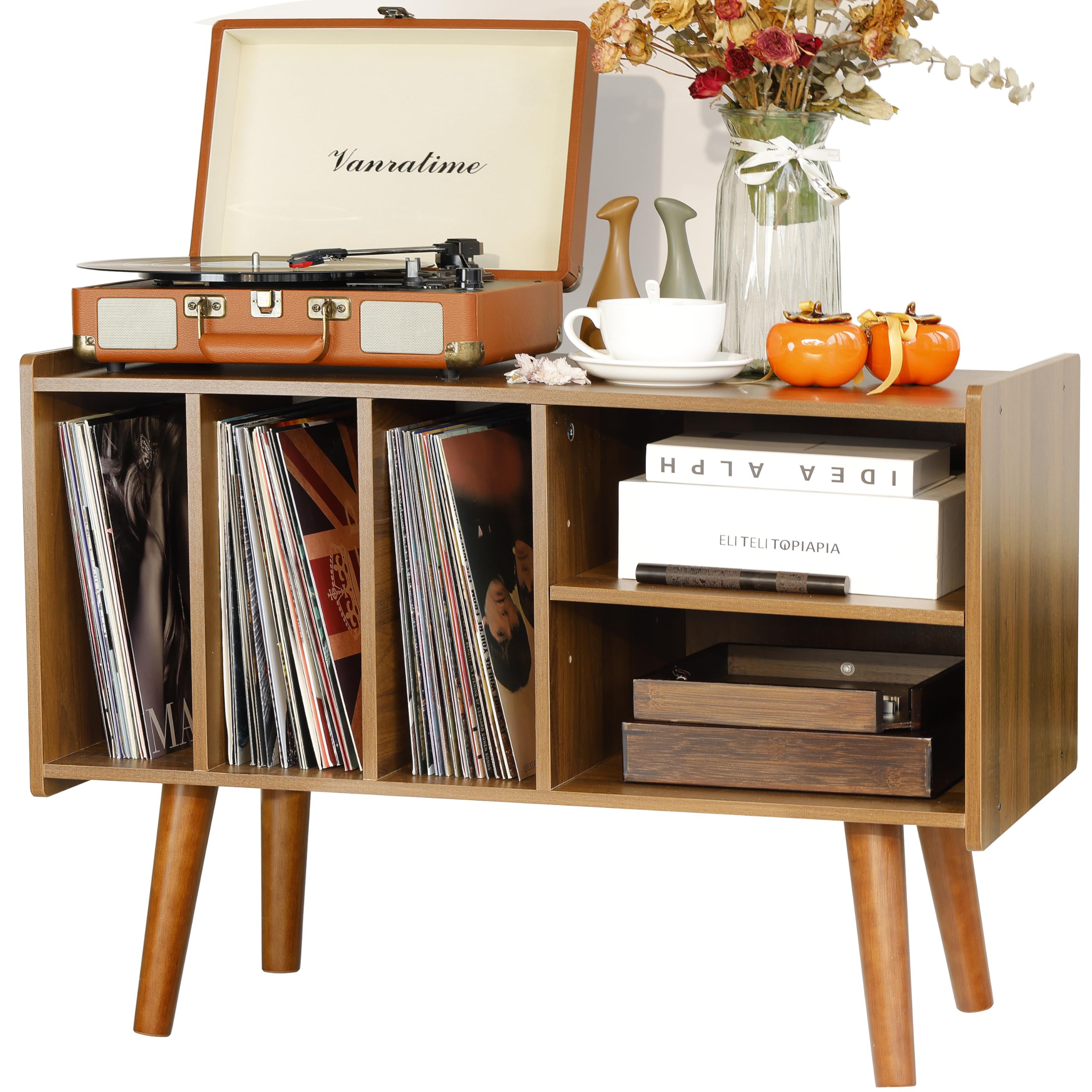 Record Player Stand with Vinyl Storage Holds Up to 300lb, Large Record Player Table Cabinet for Album Storage with Holder Vinyl Display Shelf, Wood Turntable Stand for Bedroom Living Room (Walnut)