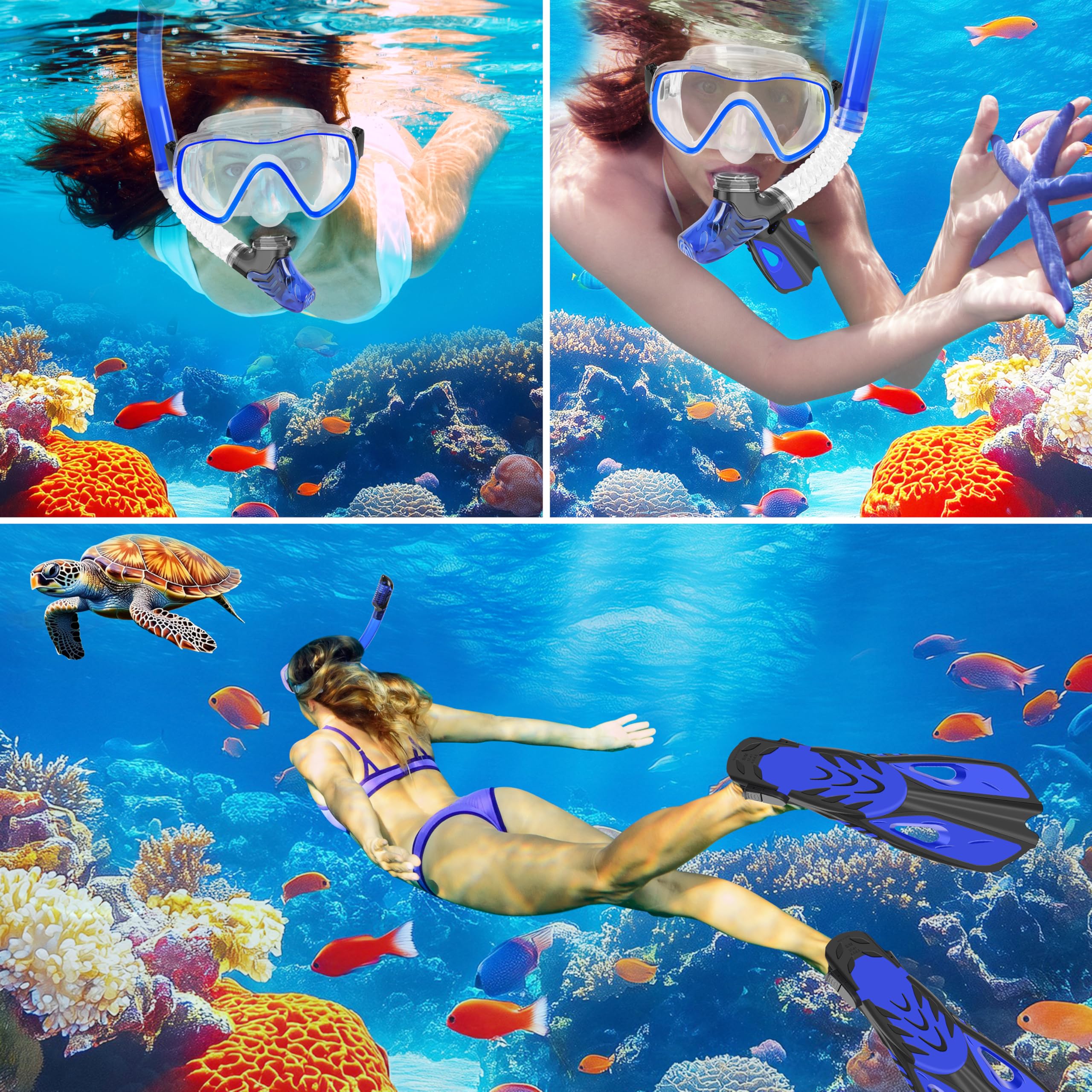 IEEILULU Set da Snorkeling 7 Pezzi per Adulti con Occhiali Antiappannante, Boccaglio e Pinne Regolabili