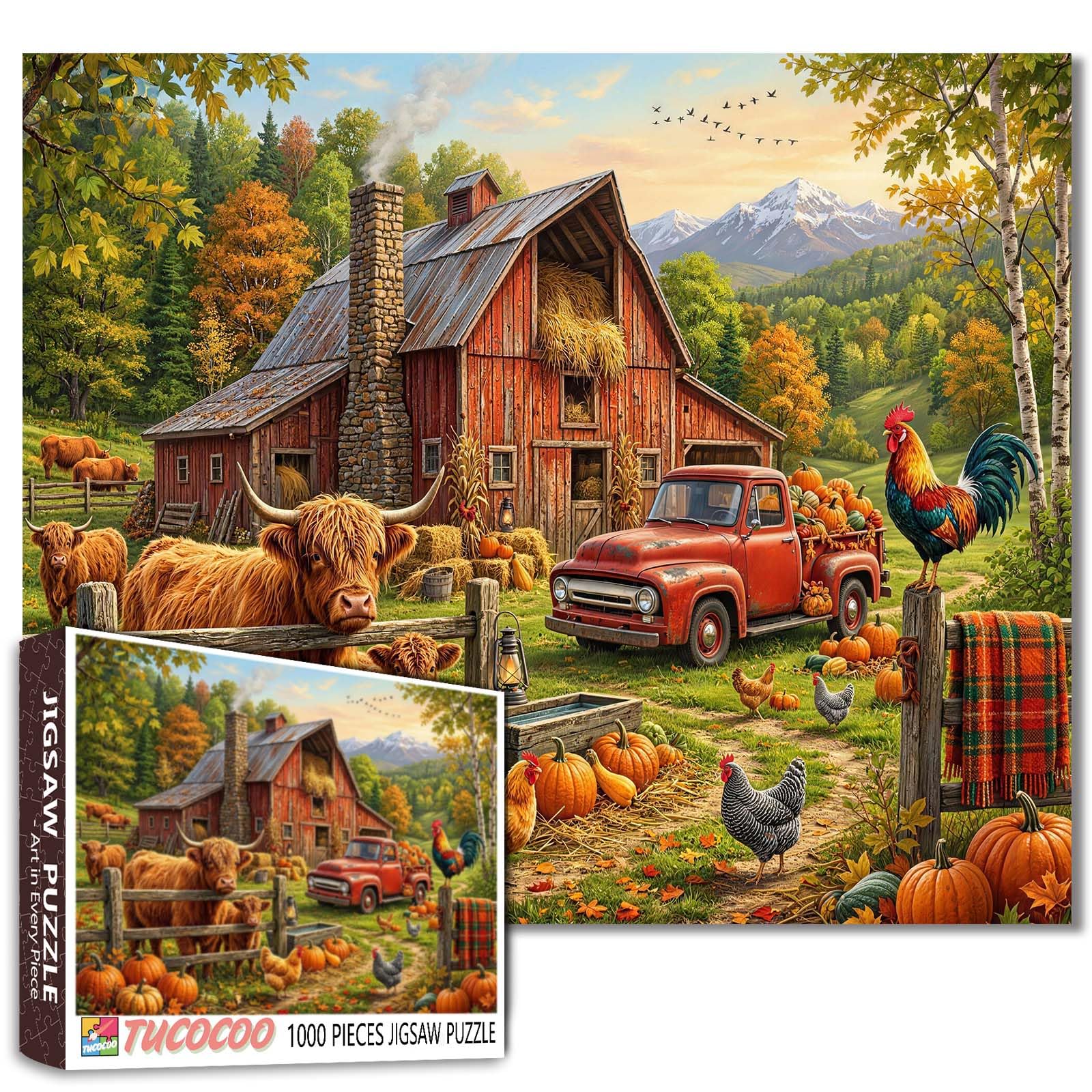 Highland Cow Chicken Puzzle Country Red Truck Pumpkins Jigsaw Autumn Harvest Barn Scene 1000 Pieces for Adults Beginner Challenging Family Activity Games DIY Crafts for Home Decor Gifts โ image 1