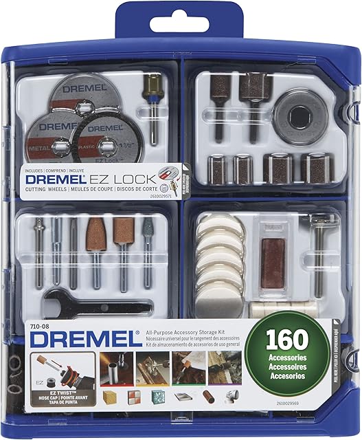 Dremel Rotary Tool Accessory Kit- 710-08- 160 Accessories- EZ Lock Technology- 1/8 inch Shank- Cutting Bits, Polishing Wheel and Compound, Sanding Disc and Drum, Carving, Sharpening, and Engraving