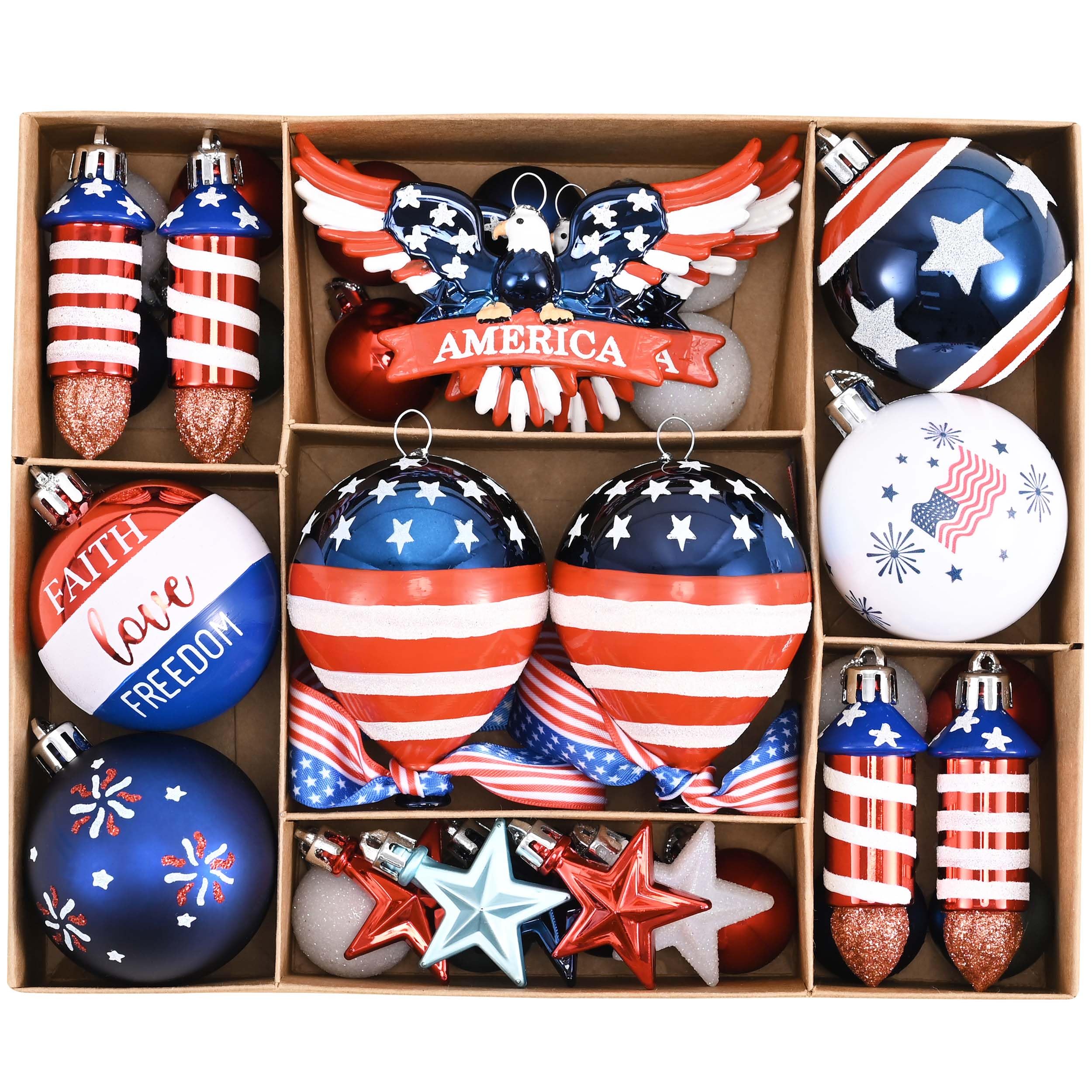 Valery Madelyn 4th of July Tree Decorations for Patriotic Memorial Day Eagle Ornaments, 35Pcs Red White Blue Shatterproof Americana Hanging Ball Decor for Independence Day USA 250th Anniversary