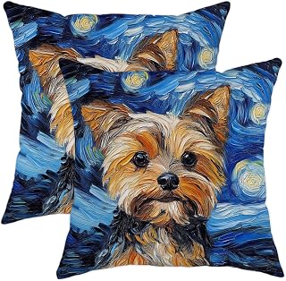 Oil Painting Yorkie Throw Pillow Covers 18x18 Set of 2, Soft Comfy Fun Dog Pet Pillow Cases Kit, Funny Puppy Pattern Velvet Decorative Couch Sofa Living Room