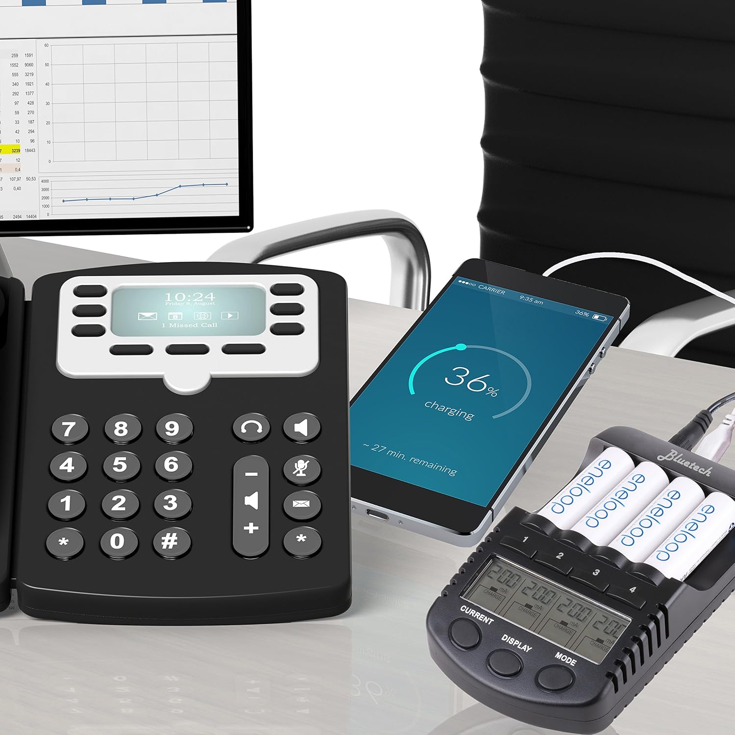 BlueTech AV-1000 charger connected to a smartphone via its USB port, with batteries charging