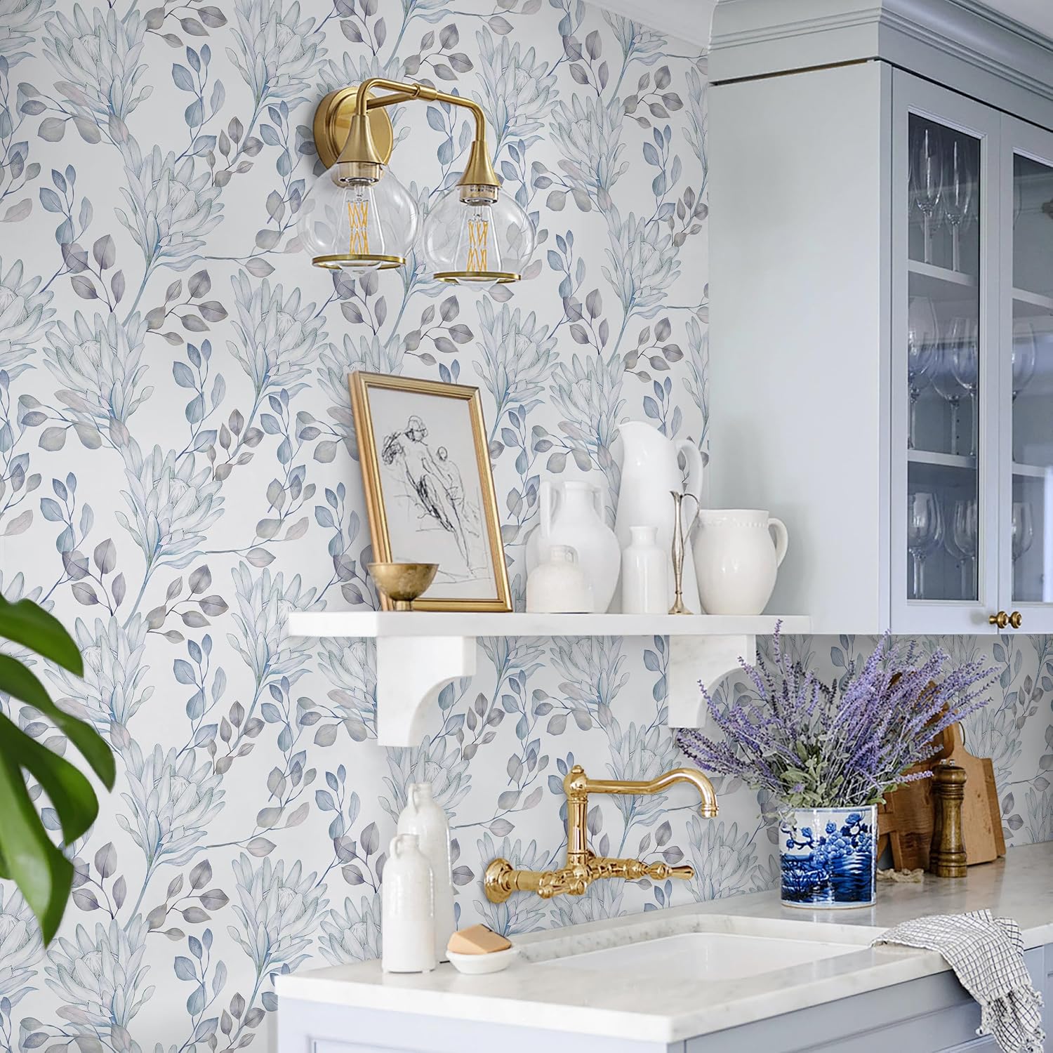 CiCiwind 17.3" × 197" Floral Peel and Stick Wallpaper Boho Contact Paper Self Adhesive Removable Textured Botanical Eucalyptus Leaf Wall Paper for Bedroom Bathroom Cabinets