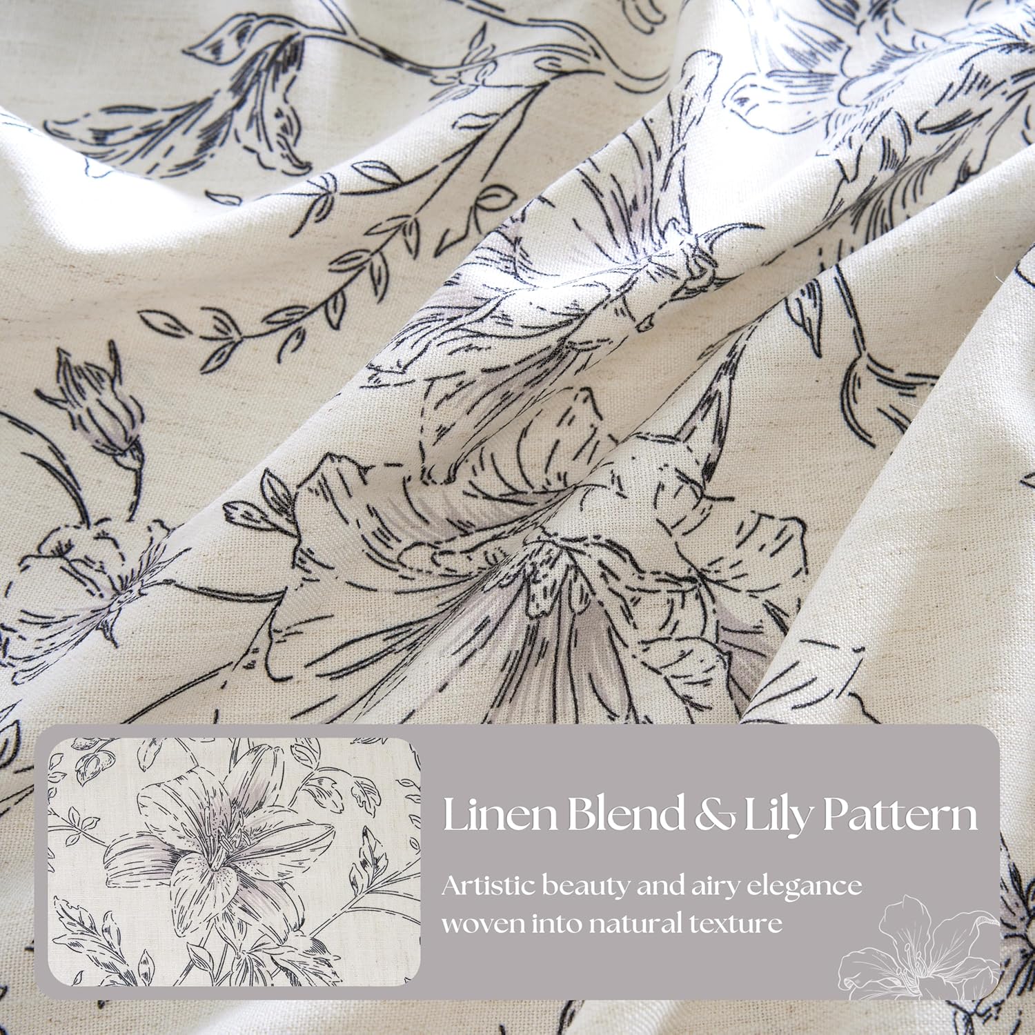 Pleated Linen Floral Curtains 96 Inches Length Farmhouse Bohemian Country Memory Trained Black Sketch Peony Lily Flower Patterned Semi Sheer Curtain Black Vintage Printed Drapes 8 ft 2 Panels