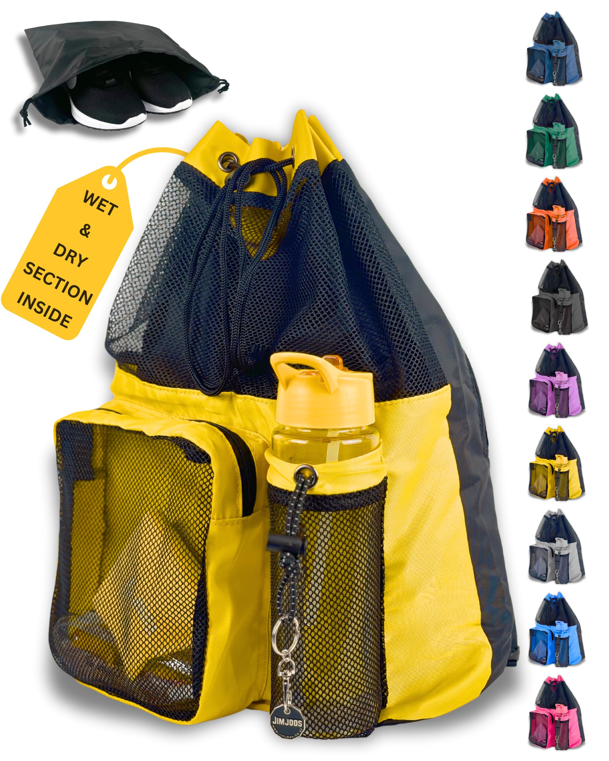 JIMJOOS Drawstring Mesh Swimming Bag - 25L Waterproof Swim Bag with Wet/Dry Compartment, Multifunctional Sports Backpack for Kids, Adults, Swimming, Surfing, Beach, Gym (Yellow)