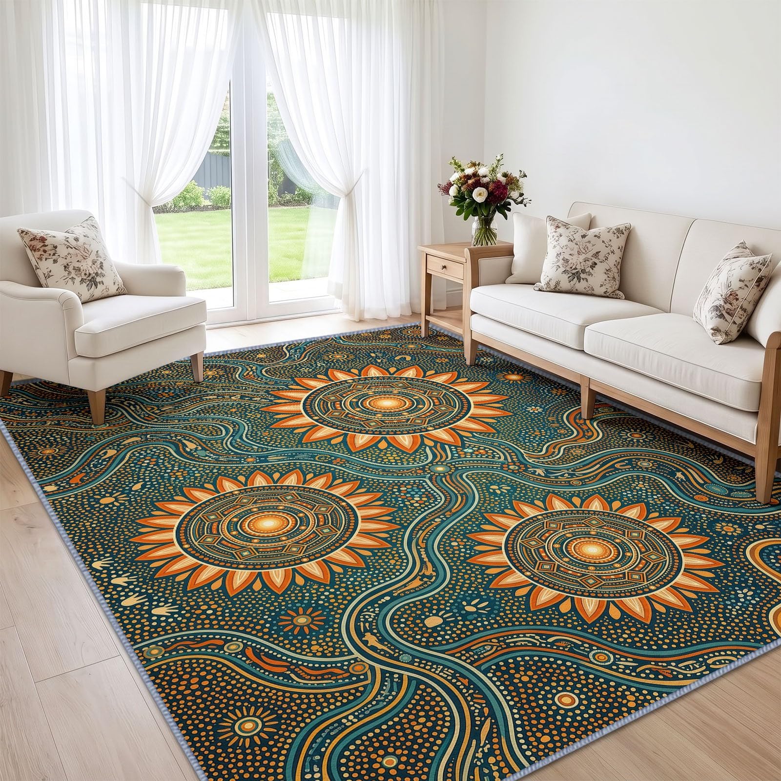 Générique Lavable en Machine Tapis Salon 140x200 cm, Soleil Symbole Antidérapant à Poil Ras Tapis, Ethnique Bohème Tribal Exotique Écologique pour Salle à Manger Couloir Chambre Bureau
