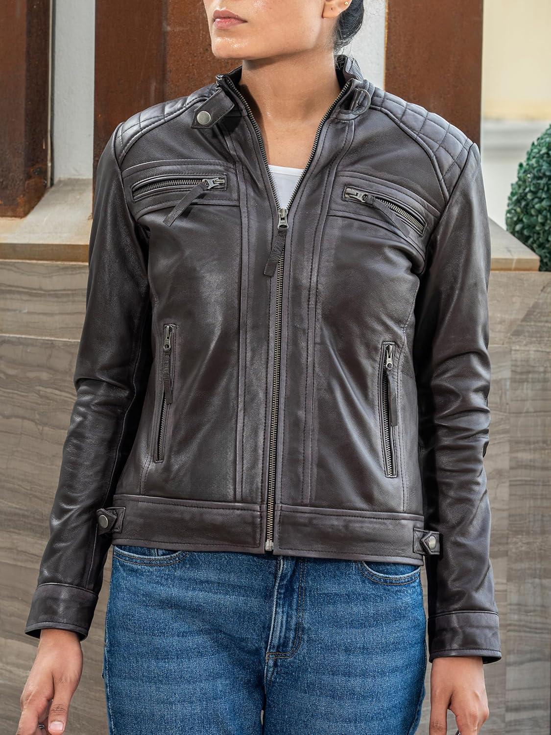 Jild Quilted Design Leather Jacket Women - Cafe Racer Style Real Lambskin Womens Leather Jacket - Image 5