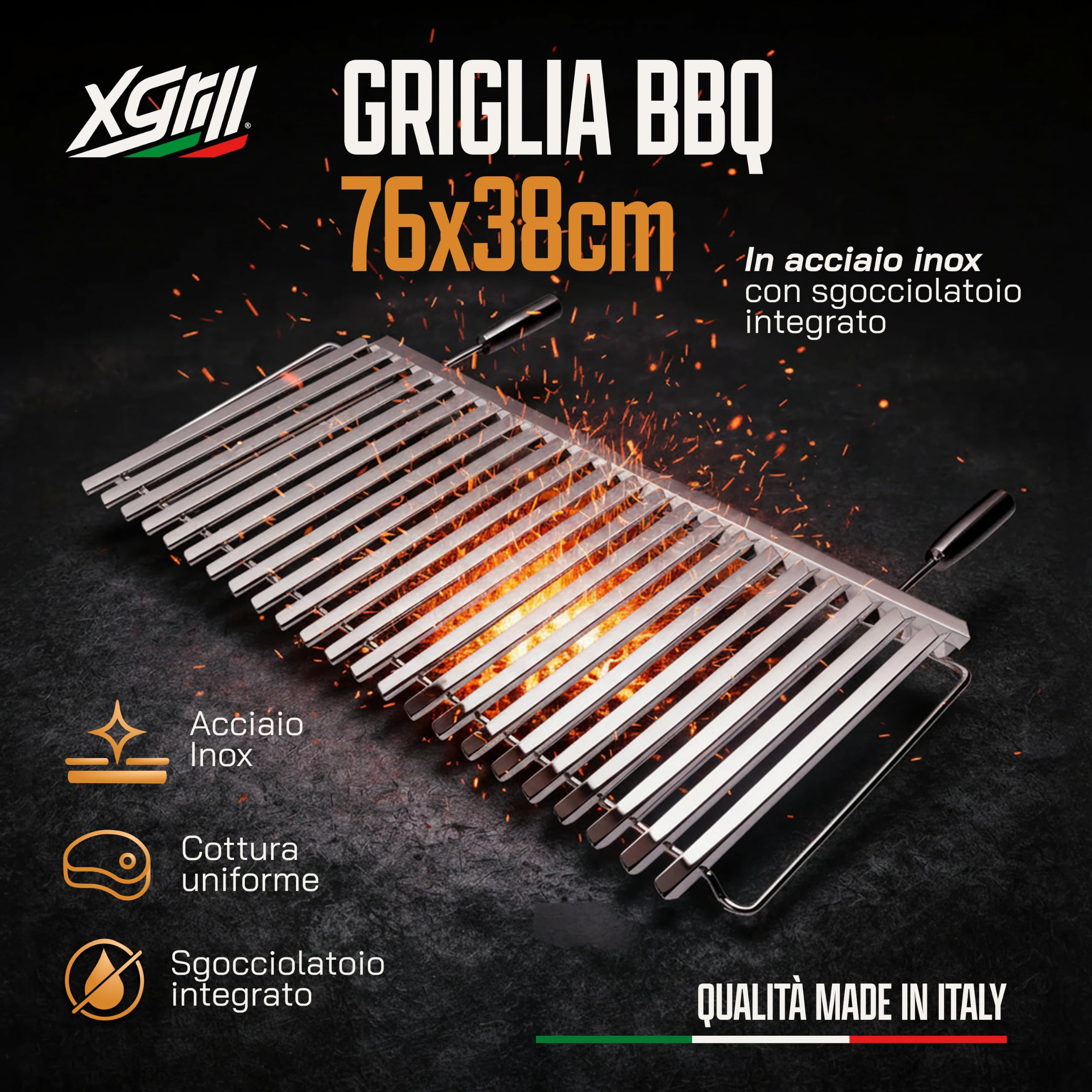 XGRILL | Griglia Barbecue 76x38 cm in Acciaio Inox con Manici Ergonomici | Griglia BBQ Professionale con Sistema Raccolta Grassi | Made in Italy
