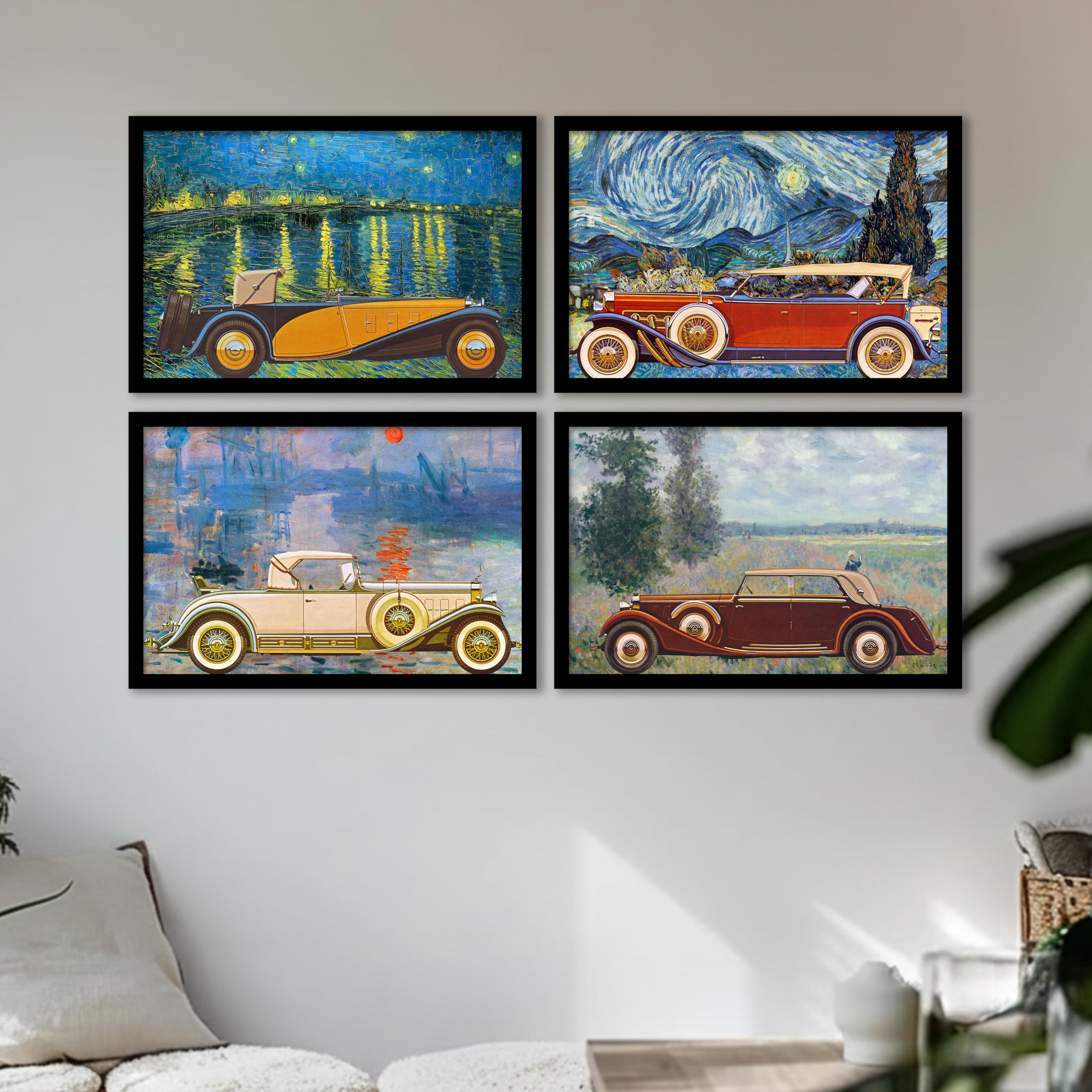 絵画 flk041241 Artistic Vintage Car Framed Wall Art Painting Set of 4 | Classic