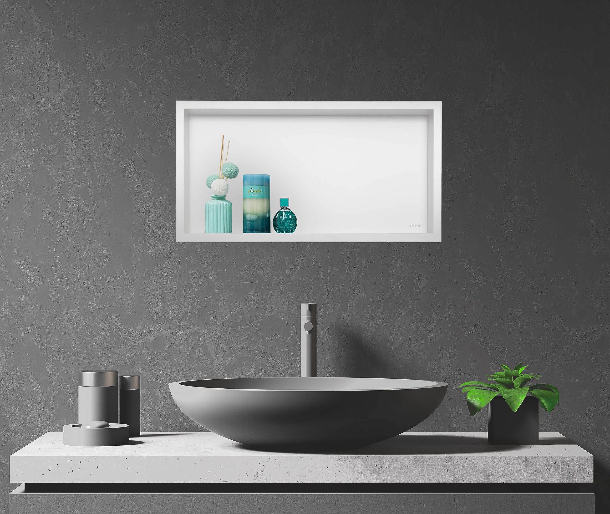 WALL-BOX ONE Nicho de Ducha de Pared de Acero Inoxidable Blanco 60x30x10cm Blanco, Impermeable, Instalación de Nicho Flexible, Nicho para Utensilios de Baño, Sin Azulejos