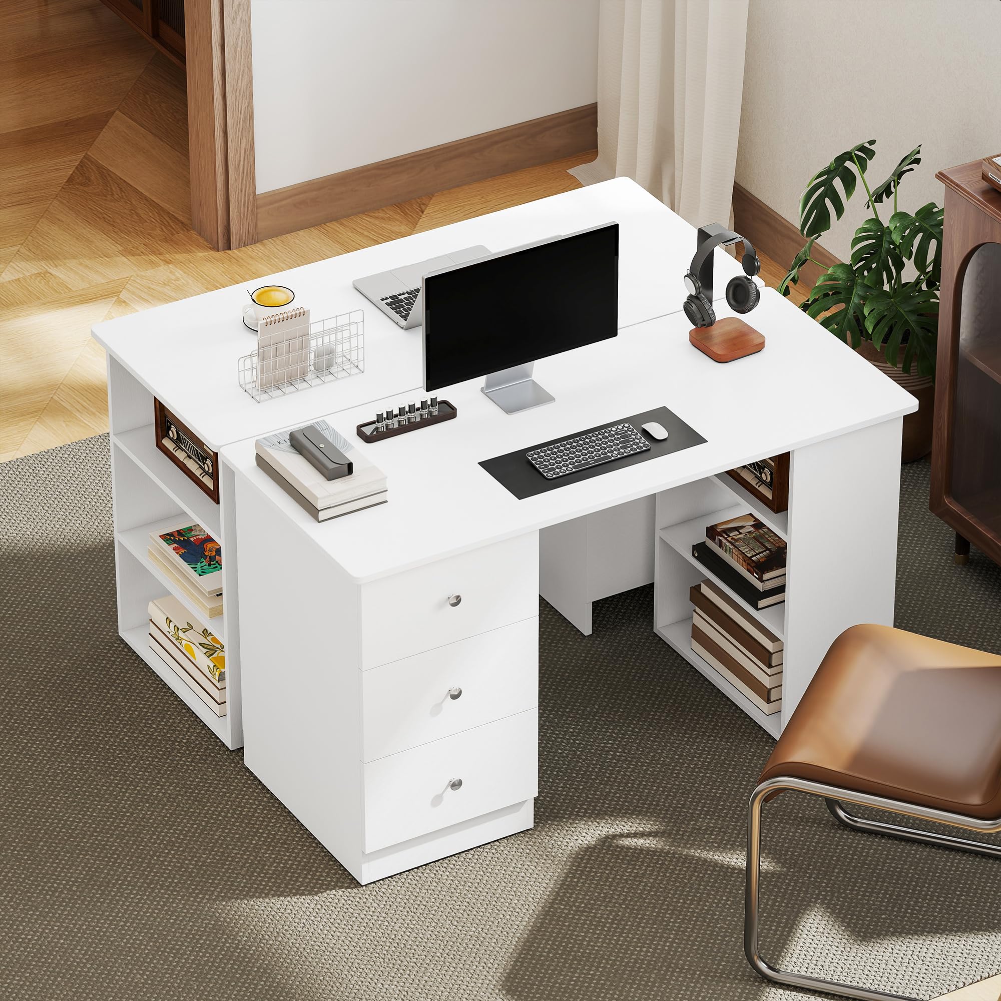HOMCOM Scrivania Porta PC per Camera con Cassettiera 120x49x72cm Bianco | per Ufficio, Ripiani Portaoggetti, in Legno
