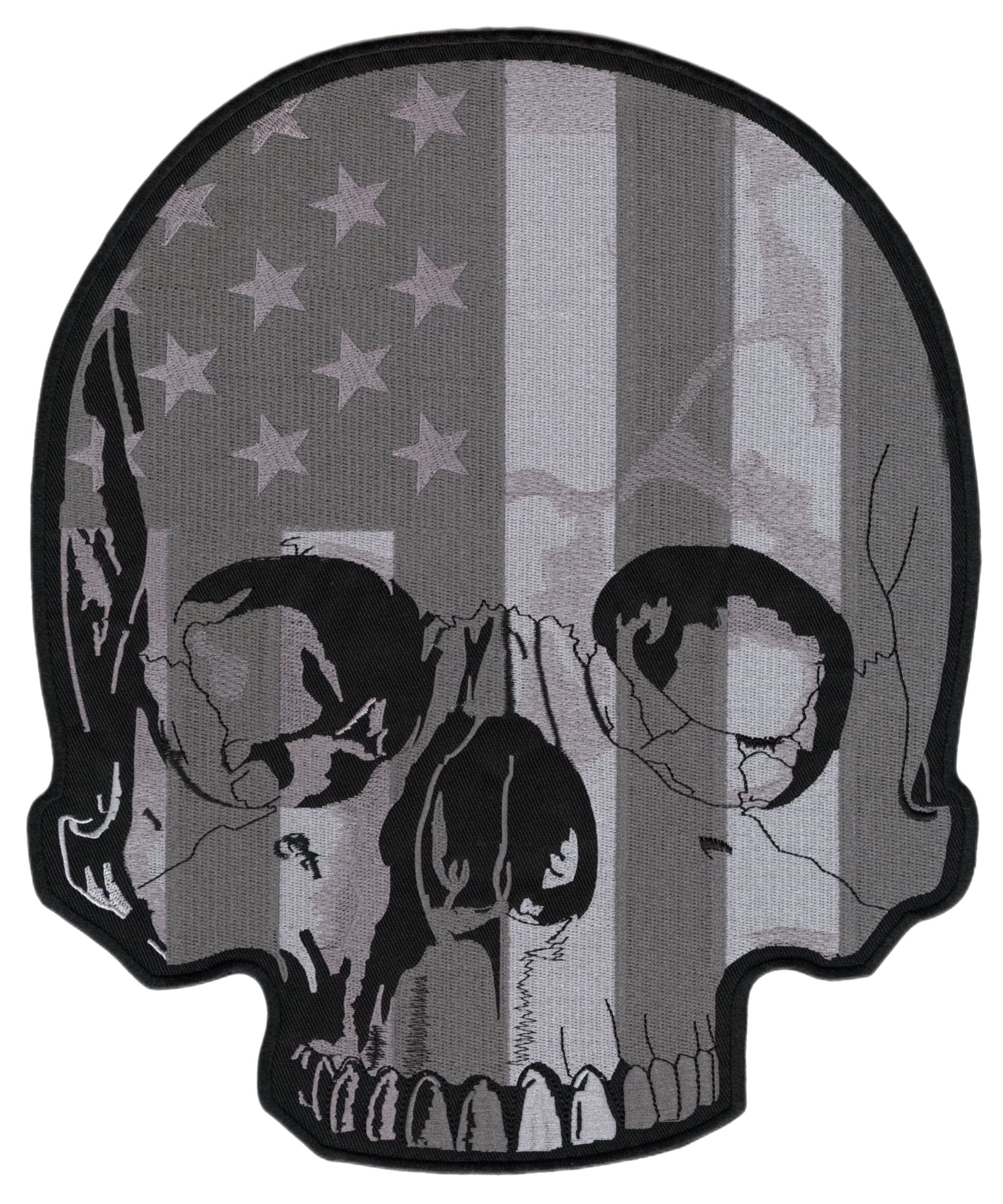 Subdued Half Skull Patch 12" | American Flag Patriotic Black White Halfskull Skeleton | Large Embroidered Iron On Motorcycle Back Patch - by Nixon Thread Co.