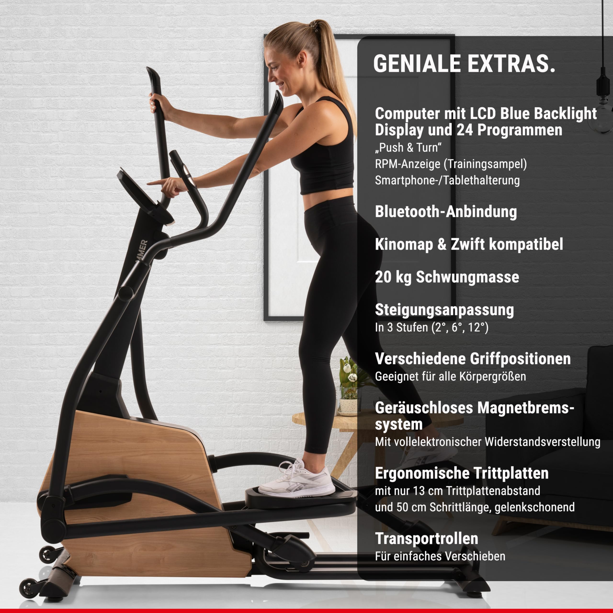HAMMER Ellipsentrainer CrossPace 5.0 NorsK, 3-fache Steigung, 24 Programme, 20 kg Schwungmasse, Kinomap & Zwift