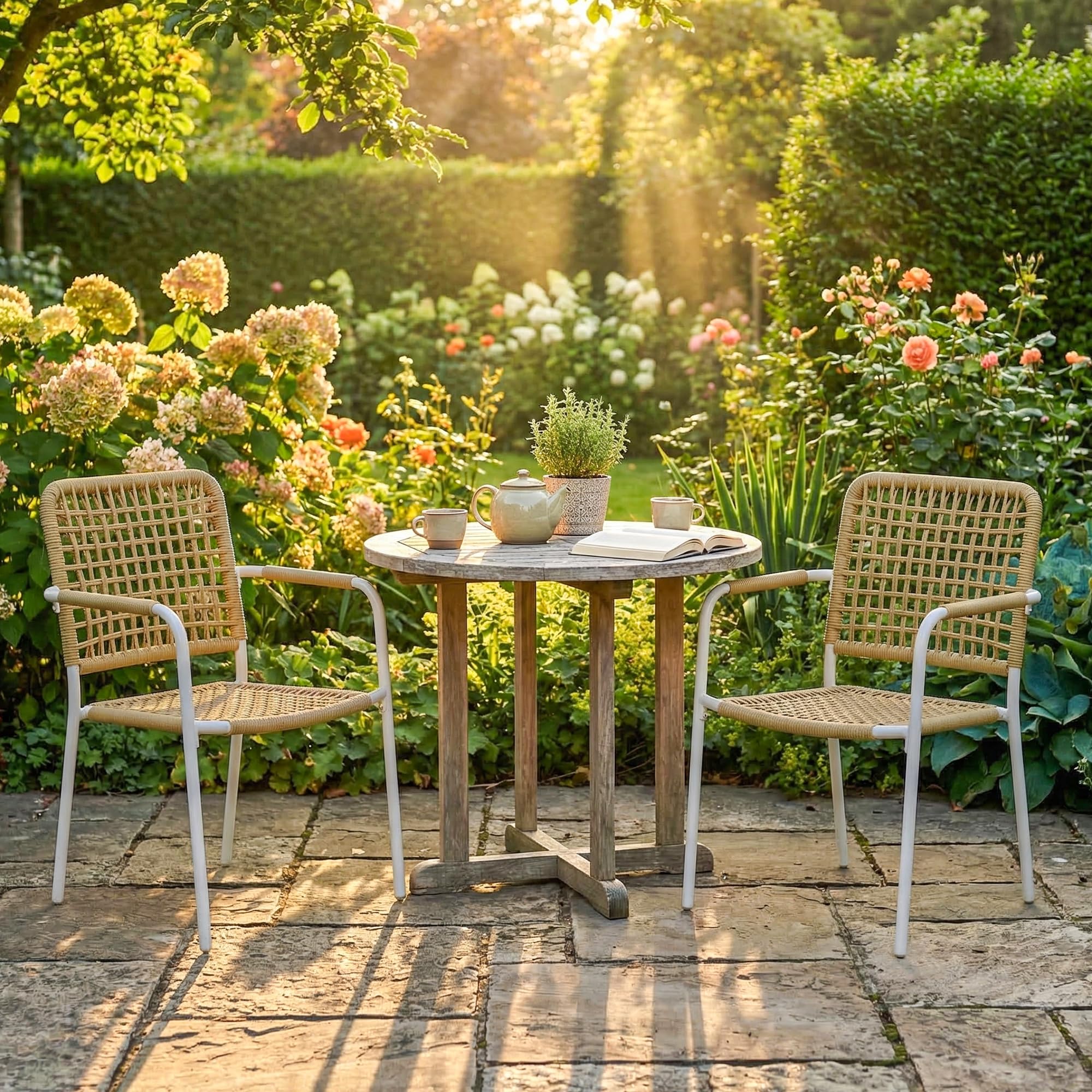 Outsunny Lot de 2 Chaises de Jardin en Résine Tressée Empilables Jaune | Chaise de Salle à Manger, avec Accoudoirs et Dossier, Fauteuil de Jardin Exterieur, pour Balcon Terrasse Patio
