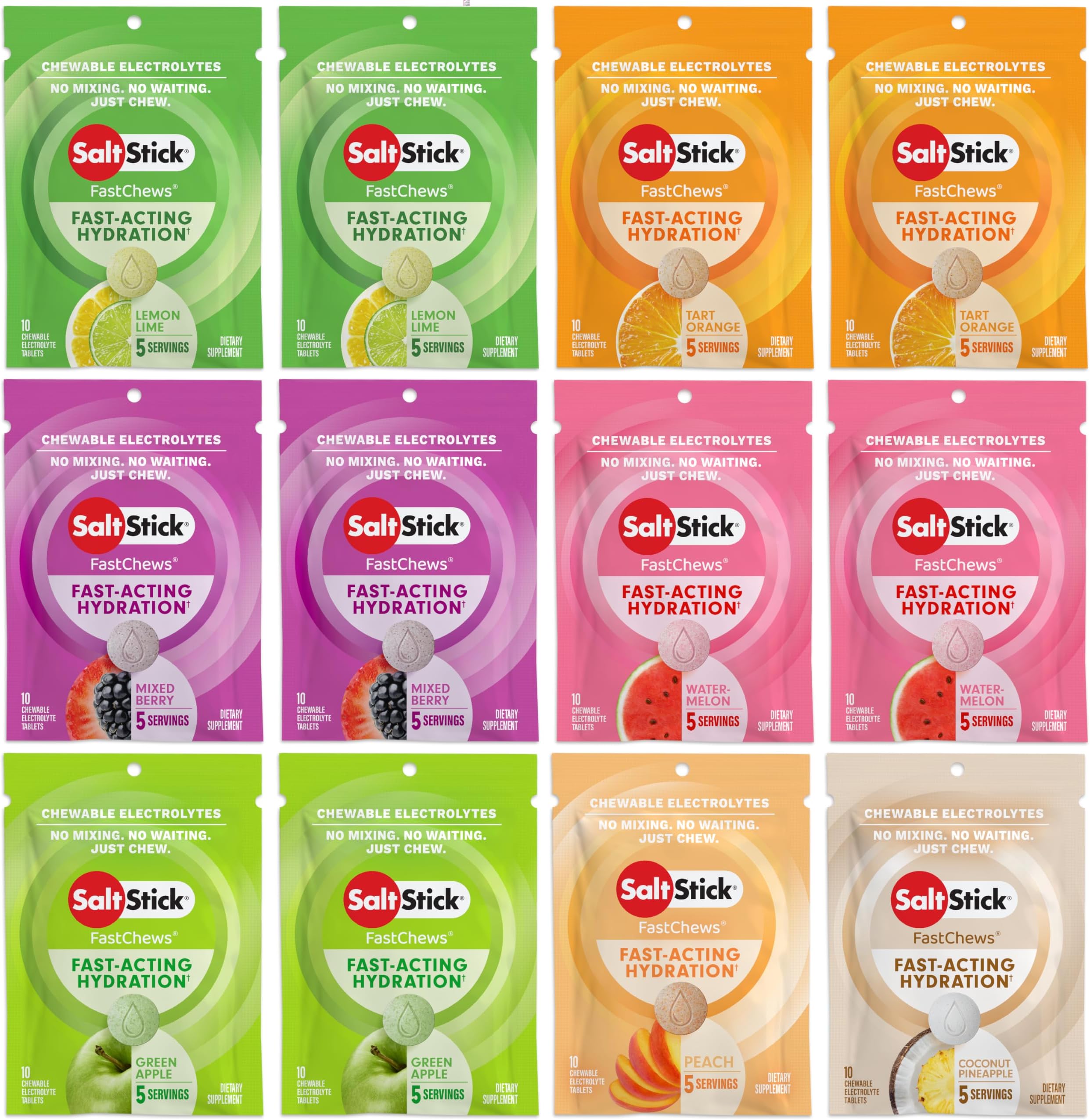 Electrolyte FastChews - 120 Count Variety Pack - Chewable Electrolyte Tablets for Hydration, Salt Tabs - 10 Count (Pack of 12)