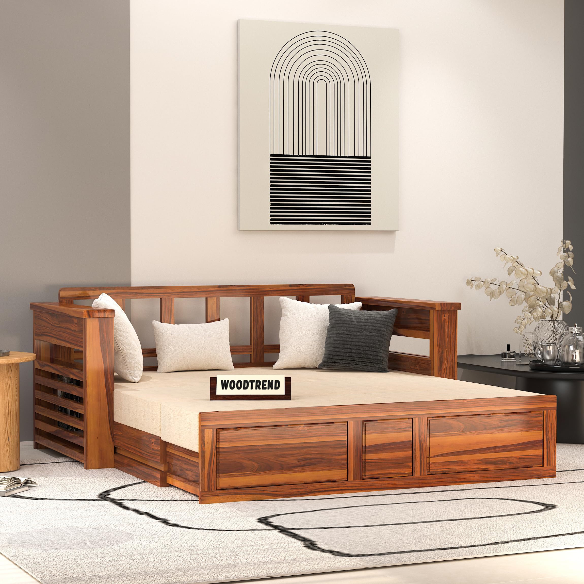 WOODTREND Solid Sheesham Wooden Sofa Cums Bed with Mattresses for Living Room|Rosewood 3-Person Sofa Cums Bed for Bedroom Without Pillow (J-Natural, 3 Seater)