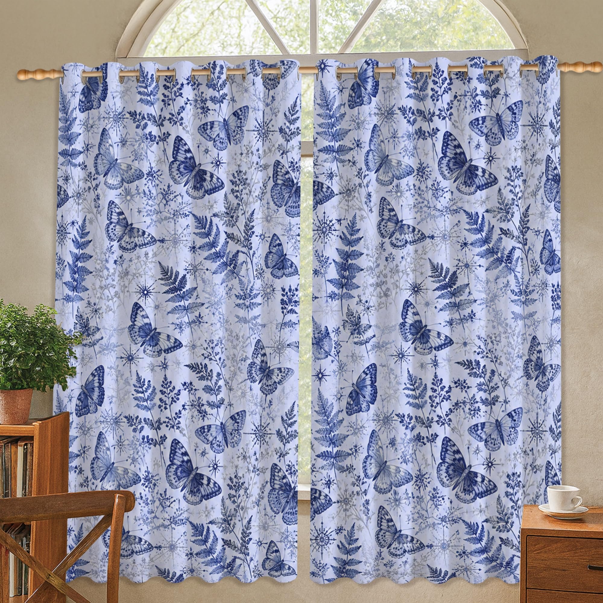 Rideaux occultants bleu printemps motif fougère naturelle chic