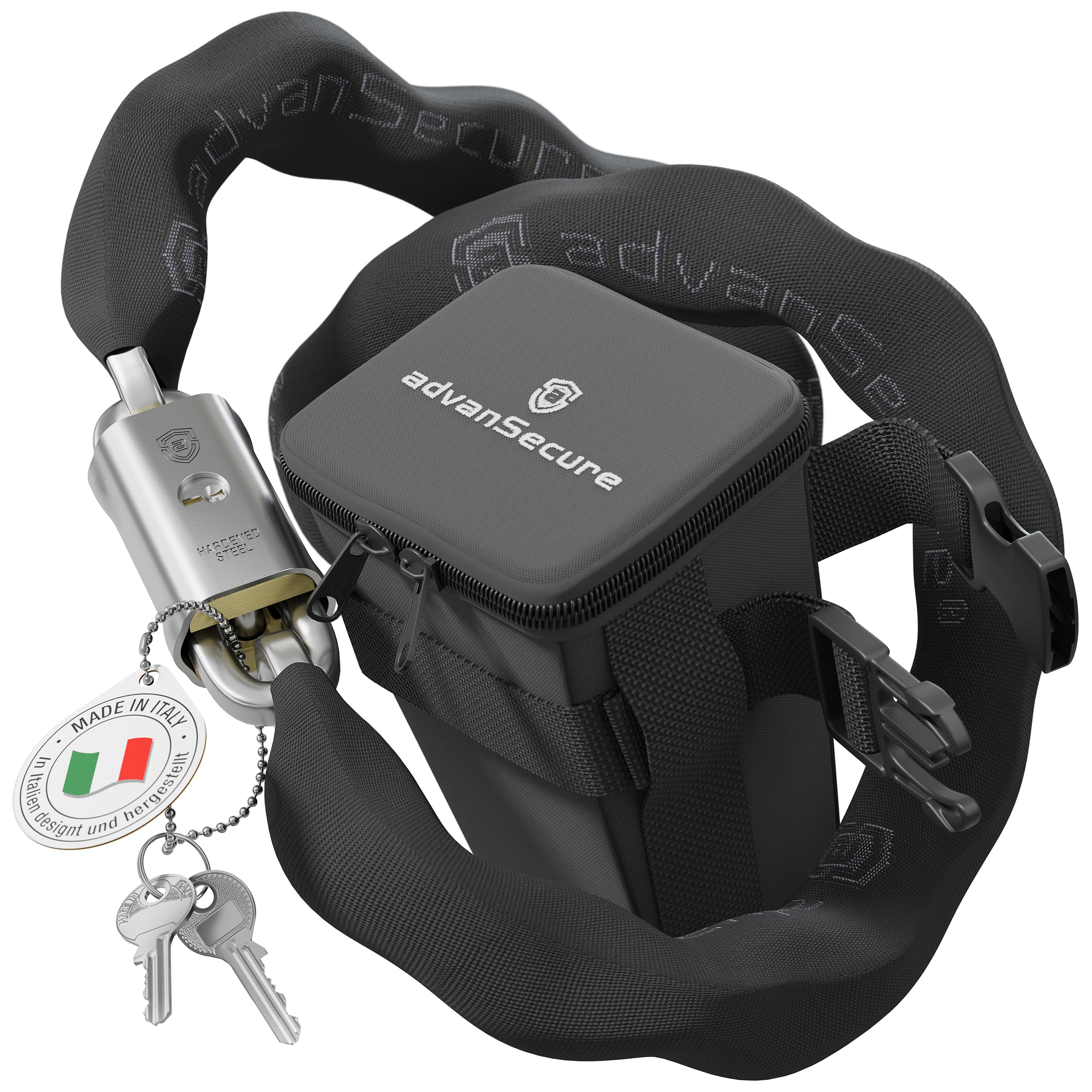 advanSecure® Hochsicherheits-Kettenschloss mit Satteltasche | optimal für E-Bike | max. Sicherheitsstufe | 120 cm Länge, 10 mm Kettenglieder | gehärteter Spezialstahl