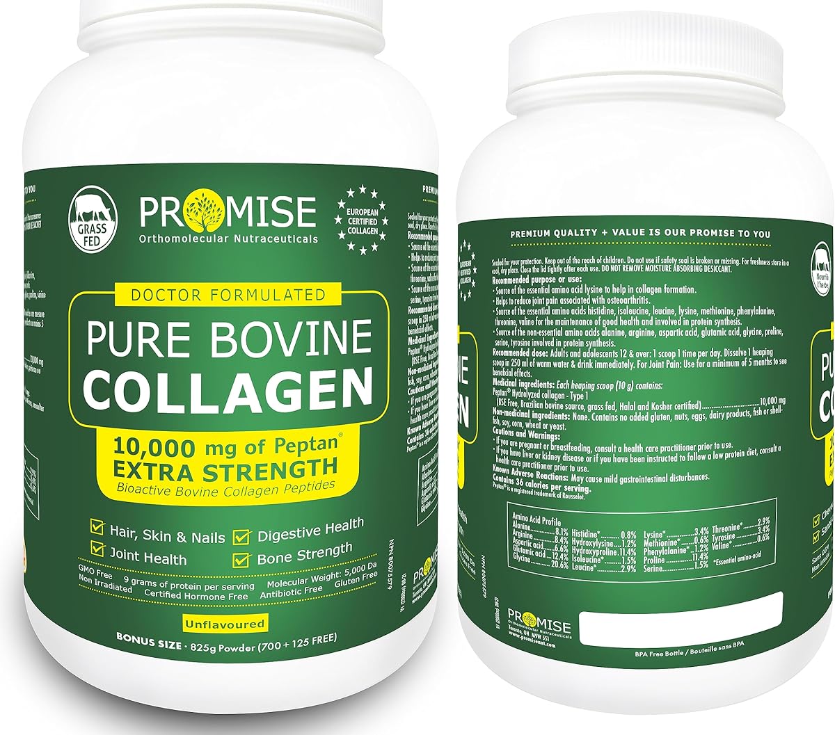 Promise Orthomolecular Nutraceuticals 825gm (29oz) Hydrolyzed Bovine Collagen Peptides Protein featuring 10,000 mg of Peptan, Better Absorption, Grass Fed, Extra Strength. For Skin, Nails, Bones and Joints, Non GMO, Unflavoured