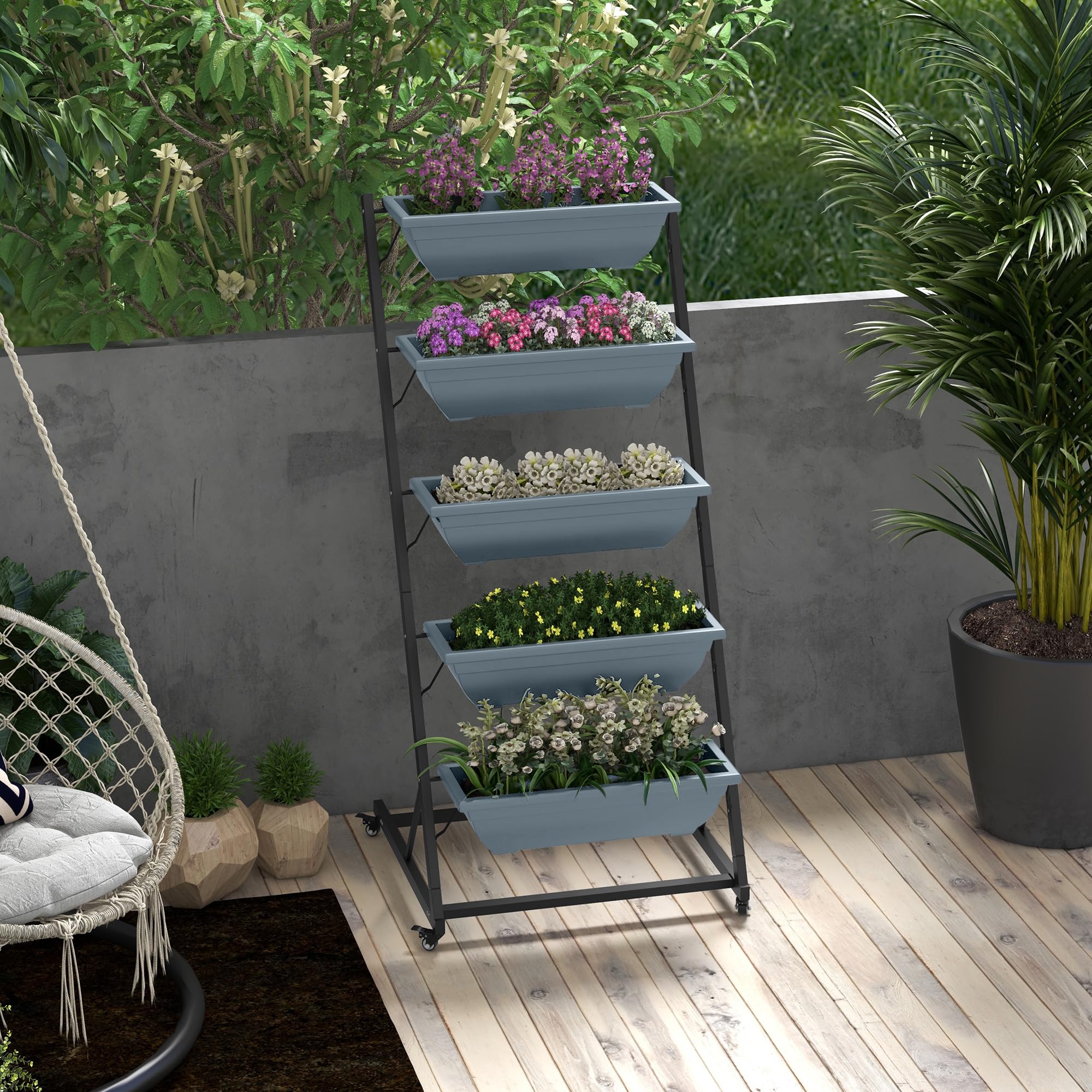Outsunny 5-Etagen Pflanzenständer, 145 cm hoch Blumenständer mit Rollen Töpfe, Pflanzenregal aus Stahl, mehrstöckig Blumenregal, Blumentreppe Blumentopfständer für Garten Balkon, Grau