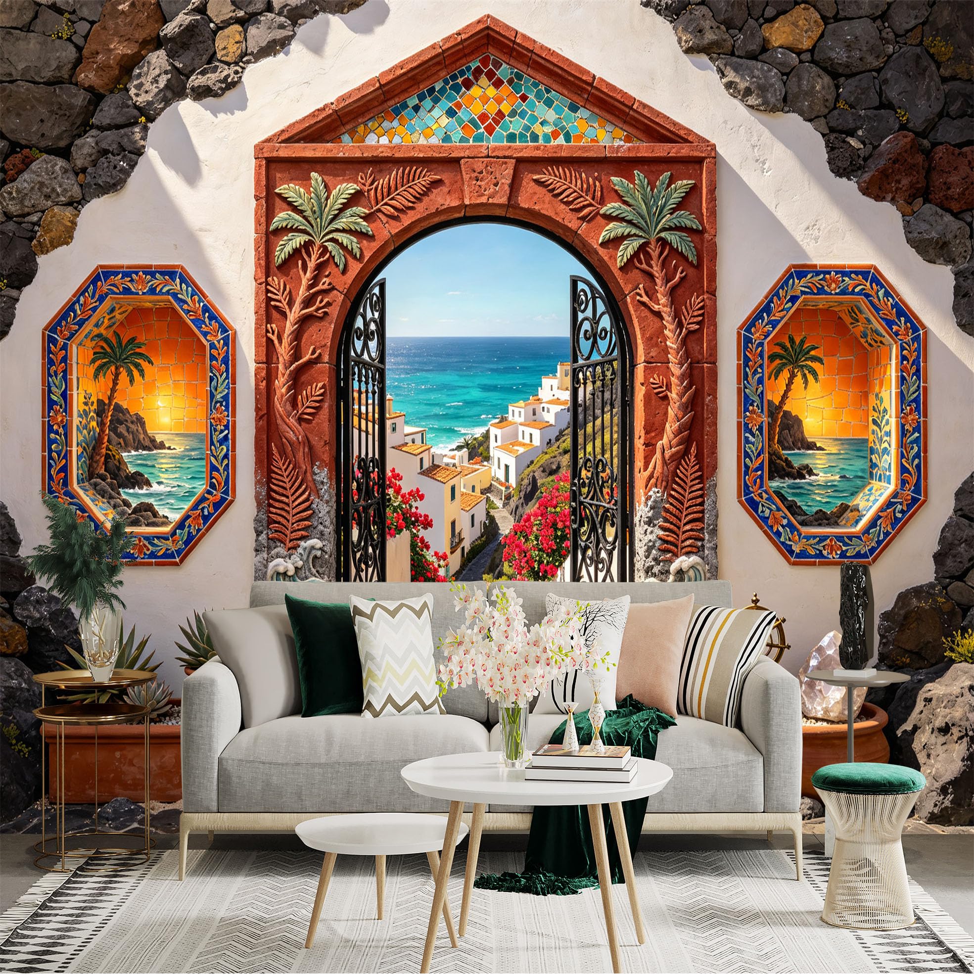 Custom Size Wall Sticker Mural， Mediterranean Coastal Archway， Ocean View， Tropical Village， for wall Decoration， peelandstick wall Decals.