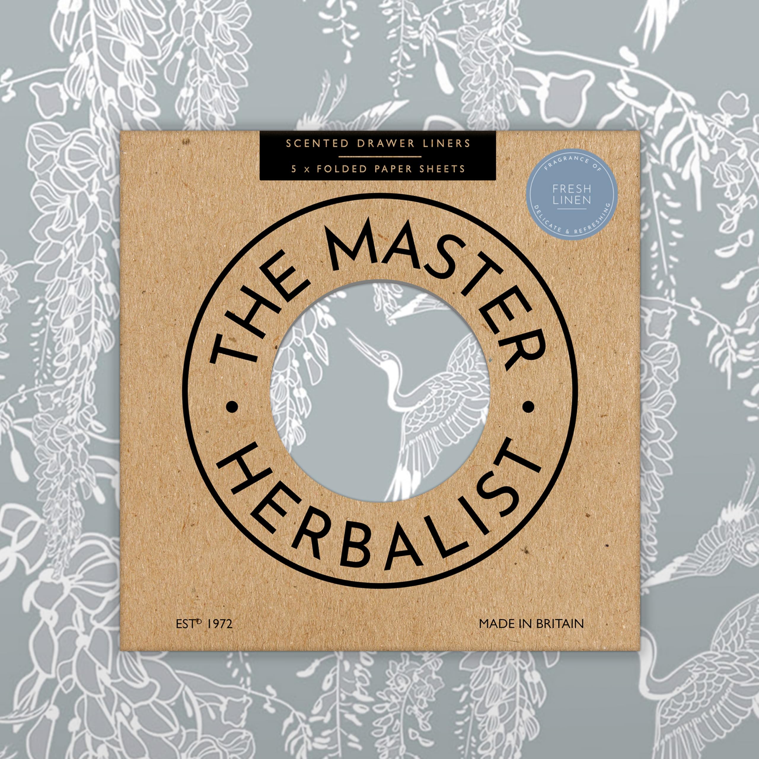 The Master Herbalist pachnące, świeże wkładki do szuflad z lnu w klasycznym wzornictwie HERON (składane). Wyprodukowano w Wielkiej Brytanii.