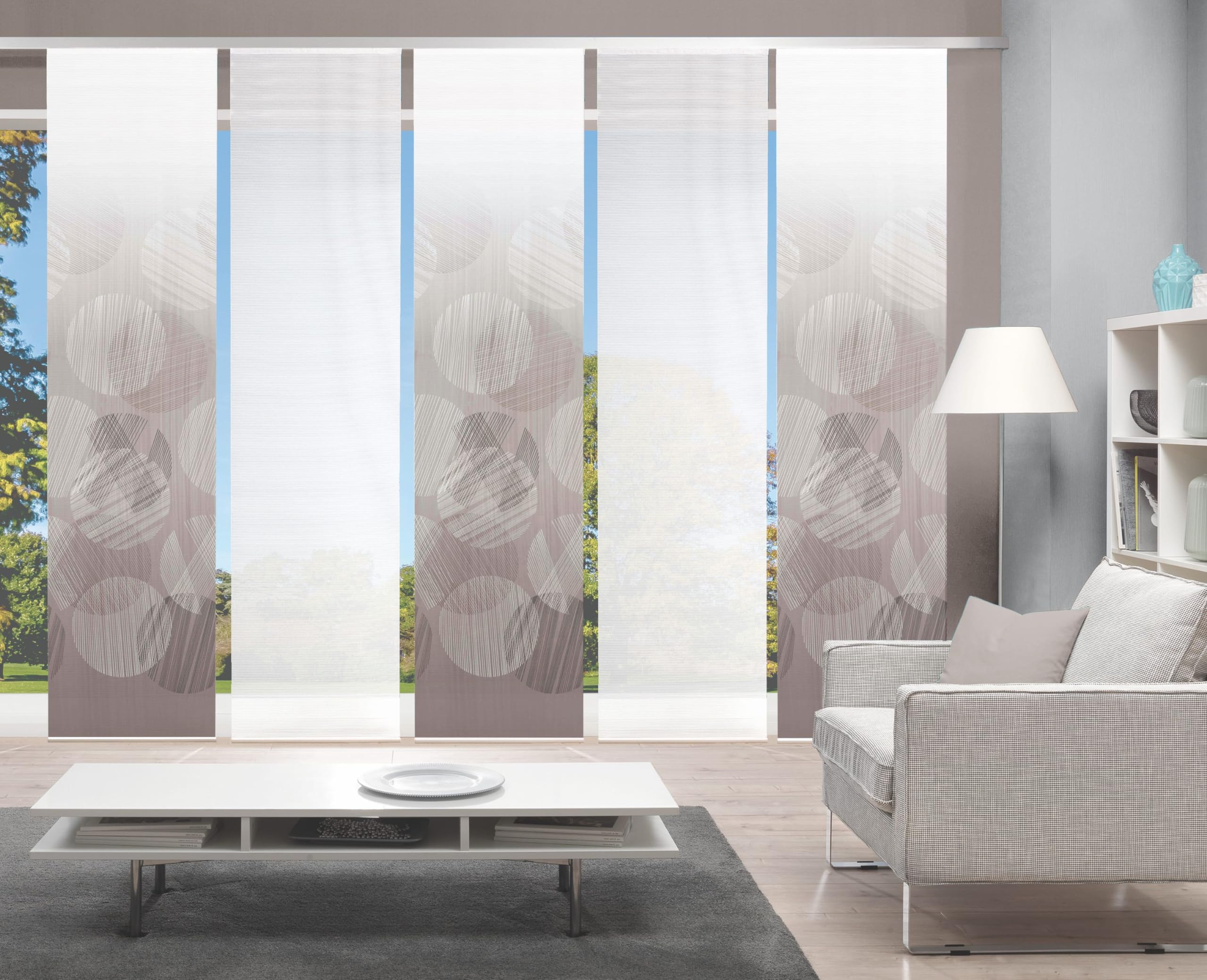 HOME WOHNIDEEN 95168 | 5er-Set Schiebegardine 'Circo', Digitaldruck auf Bambus-Optik, mit abstraktem Motiv, 260x60cm, Farbe: Grau und Taupe, Farbe:Taupe