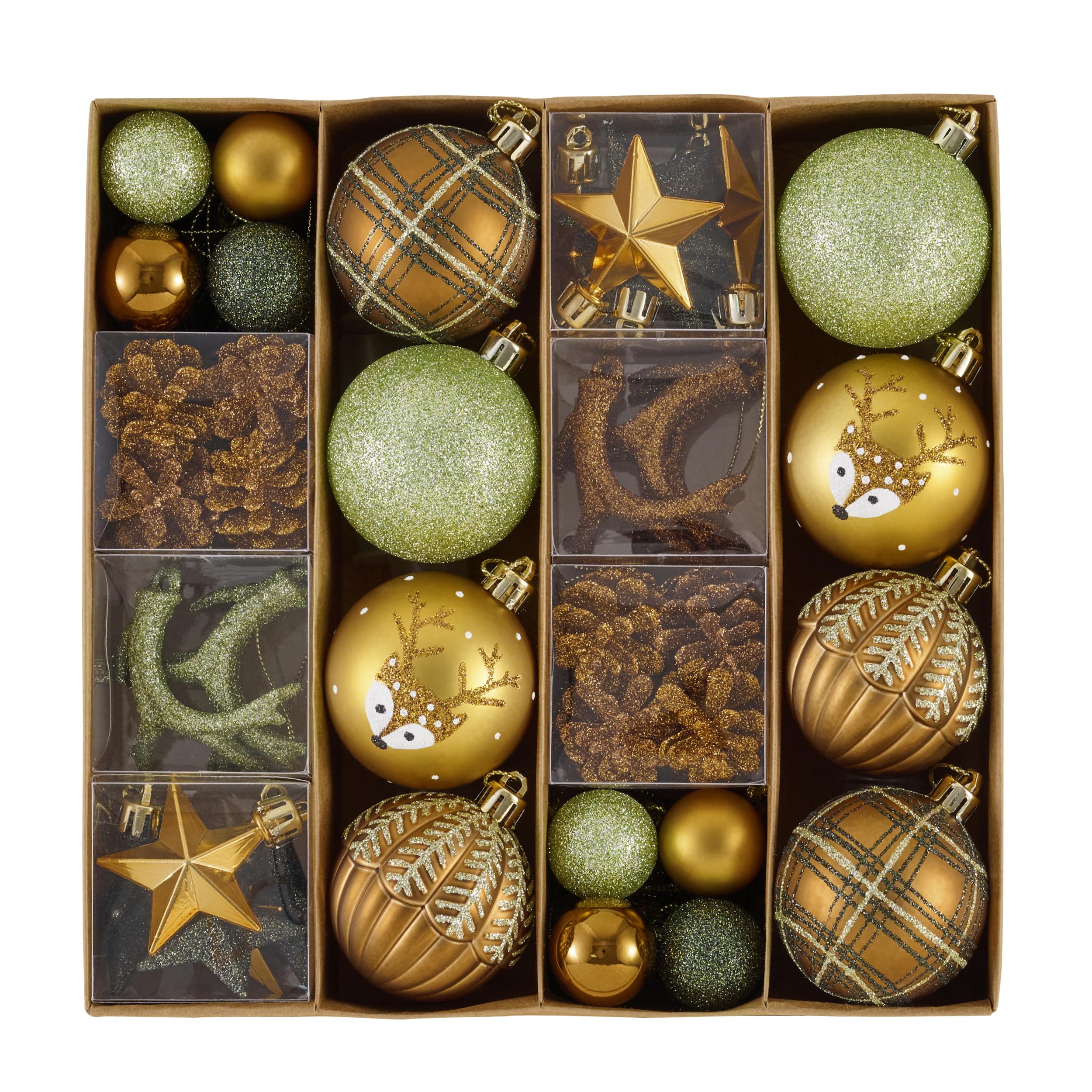 Valery Madelyn Lot de 60 boules de Noël - Décoration de Noël - En plastique - Bronze - Vert - Avec crochet de suspension - Thème forêt (M)