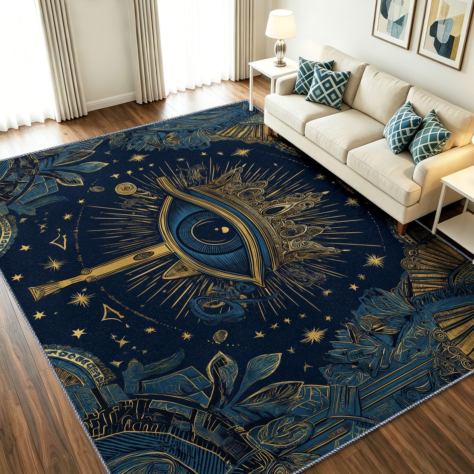 Felpudo interior 90x150 cm egipcio con ojos dorados y hojas de oro alfombra lavable antideslizante