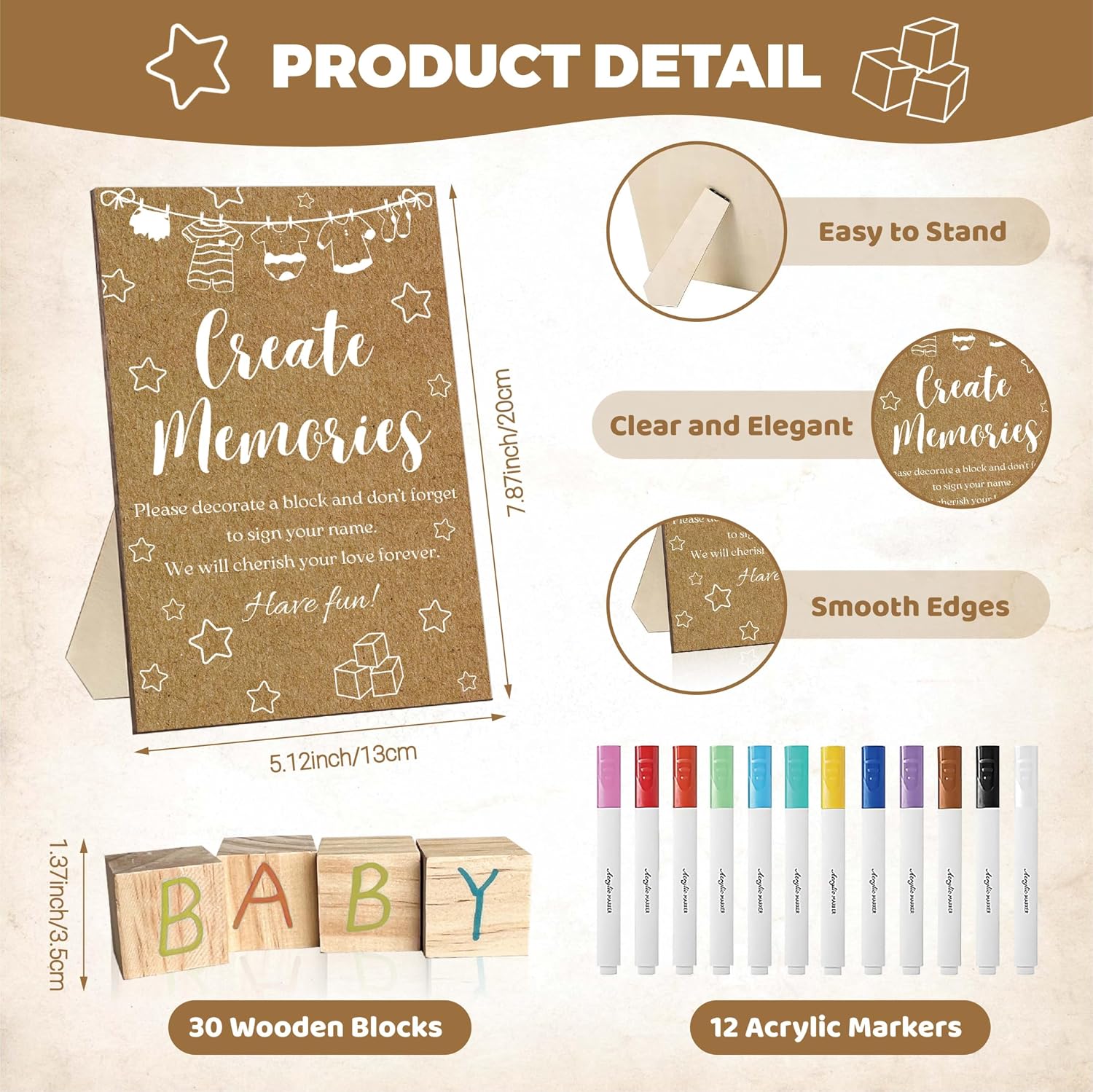 Baby Shower Games, 43PCS Decorate A Block Baby Shower Game Kit Including 1 Wooden Sign 30 Blank Blocks 12 Color Markers, Baby Shower Decorations, Gender Reveal Games for Guests image 3