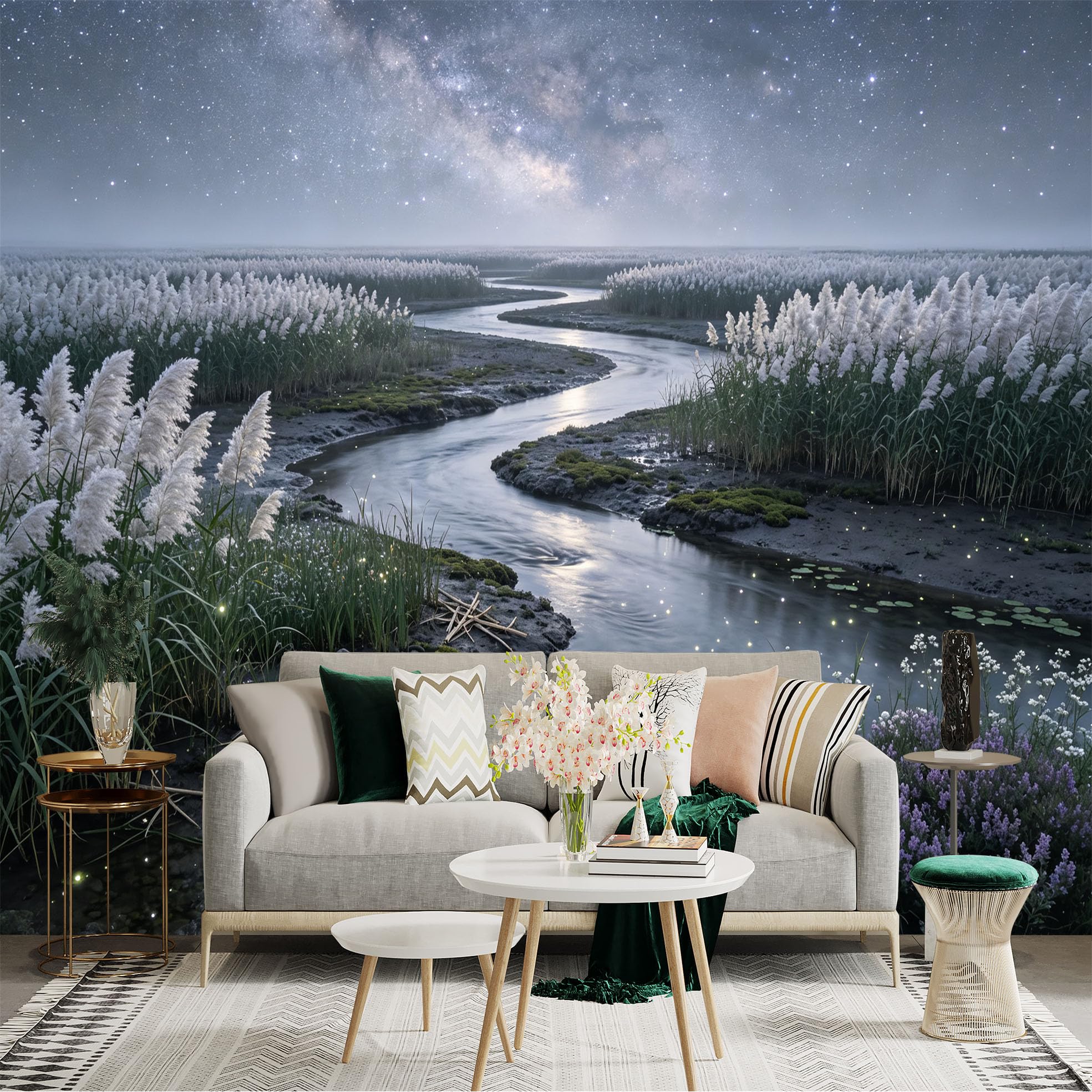 Lnzczhyre Bh260719773 Custom Size Wall Sticker Mural， Winding River At Night， Milky Way Galaxy， Glowing Fireflies， Scenic Marshland， For Wall Decoration， Peelandstick Wall Decals.
