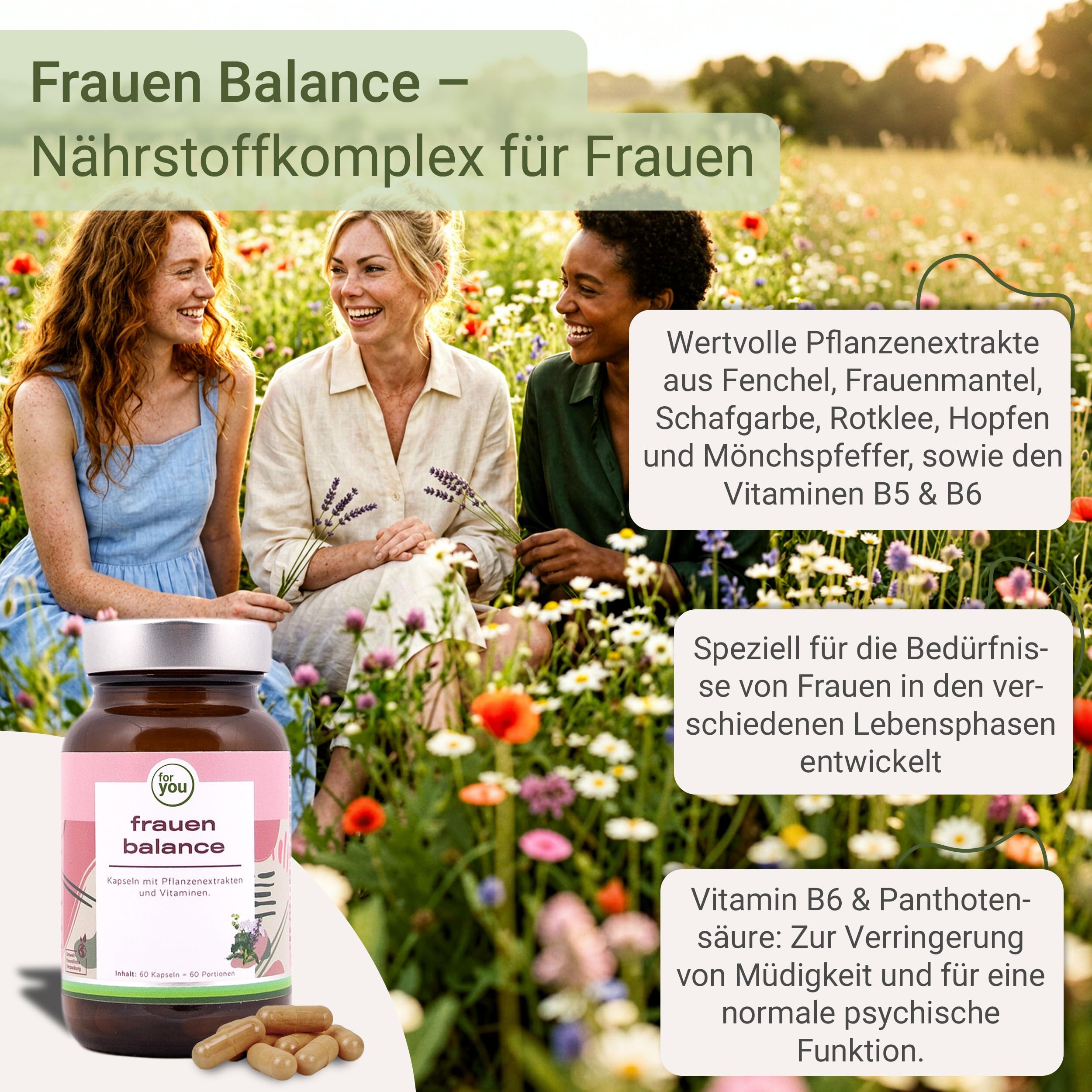 for you frauen balance 2x60 Kapseln- Unterstützt die hormonelle Balance der Frau - Pflanzenextrakte Fenchel, Frauenmantel, Schafgarbe, Rotklee, Hopfen, Mönchspfeffer & Vitamin B5 & B6
