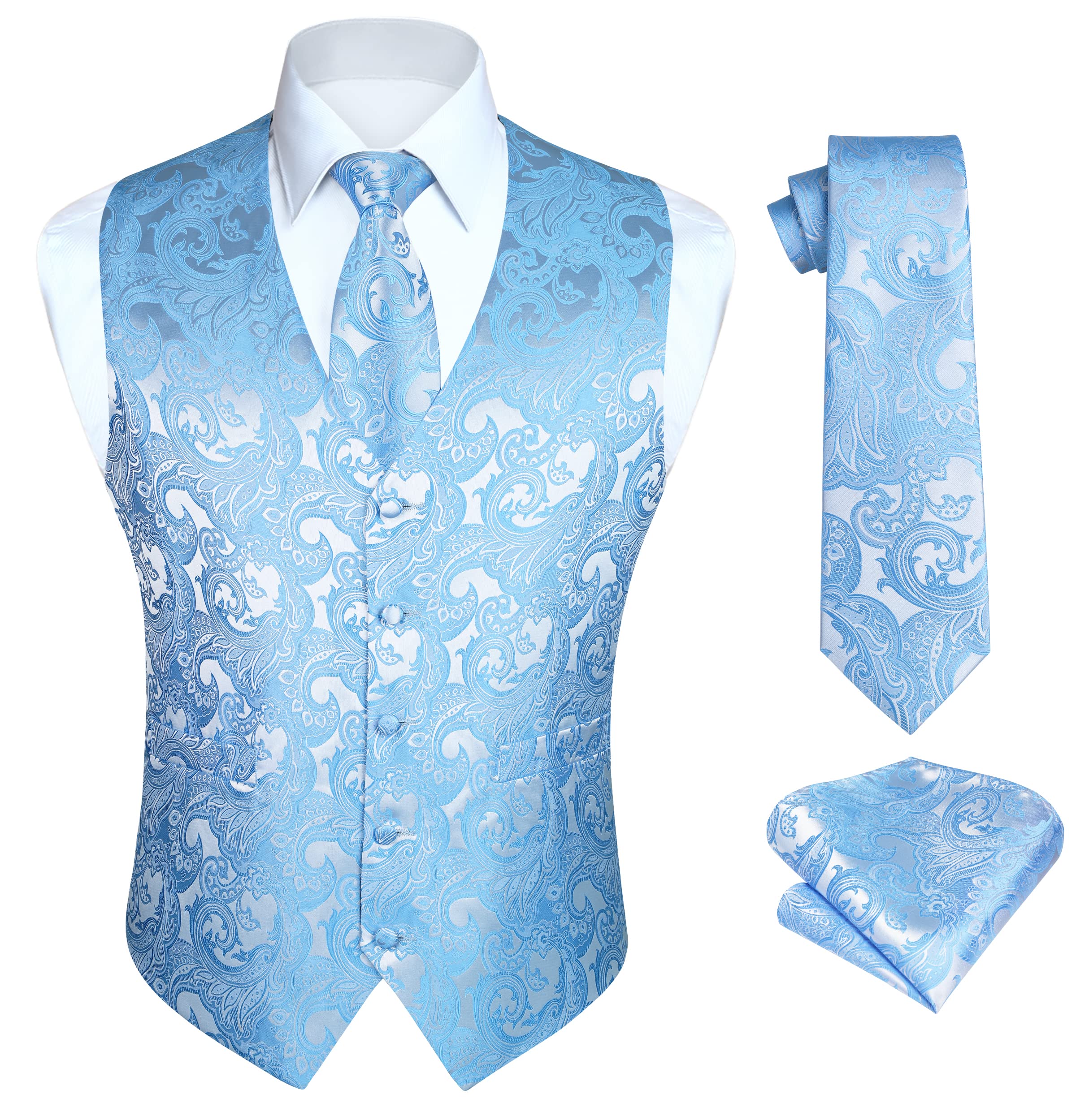 HISDERN Mens Vest Tie Set 3PC Formal Waistcoat Paisley Floral Jacquard Necktie Pocket Square Suit Vests Wedding Party