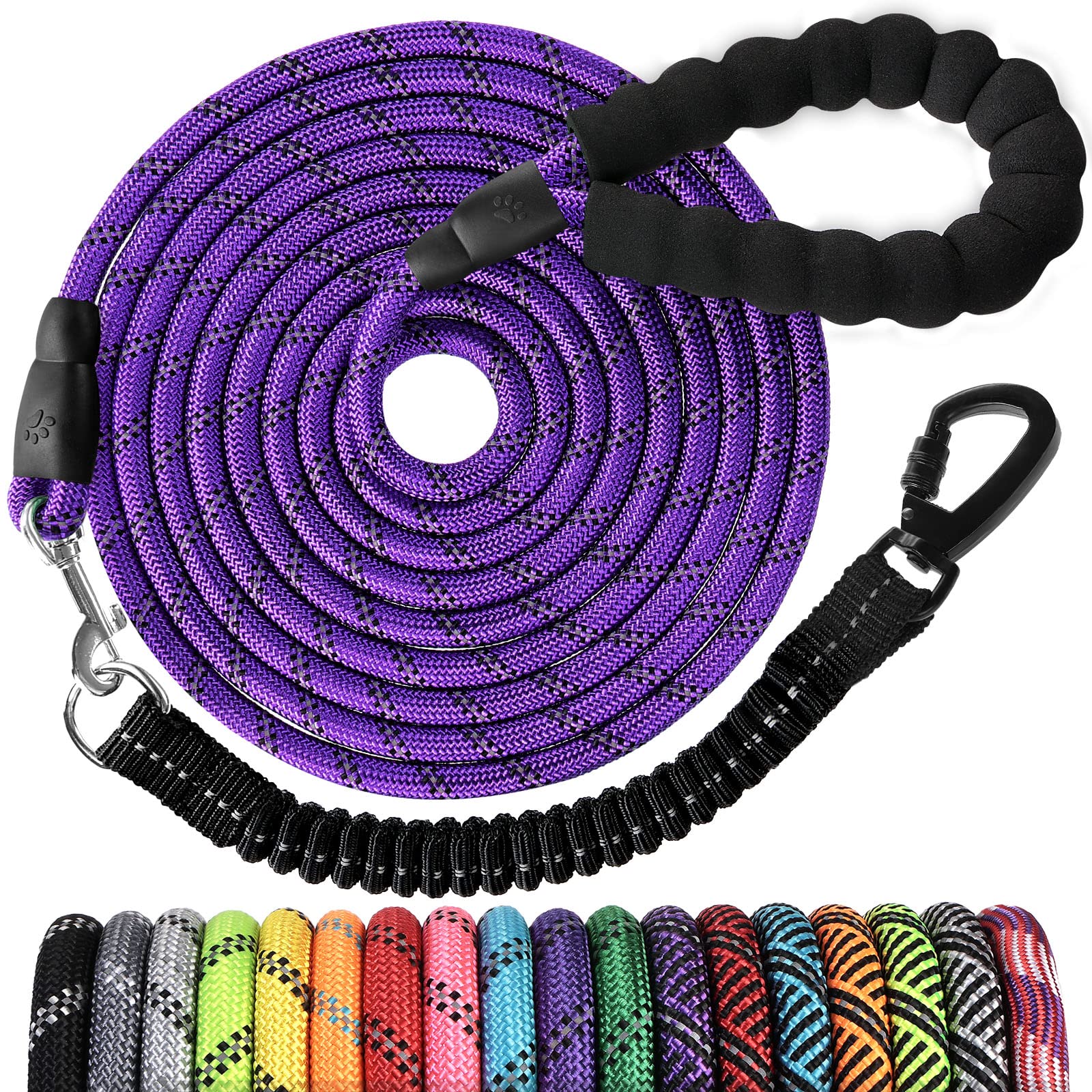 Long Dog Leash 20 FT: Heavy Duty Rope Leashes for Dogs Training with Swivel Lockable Hook Reflective Threads Bungee and Padded Handle - Dog Lead for
